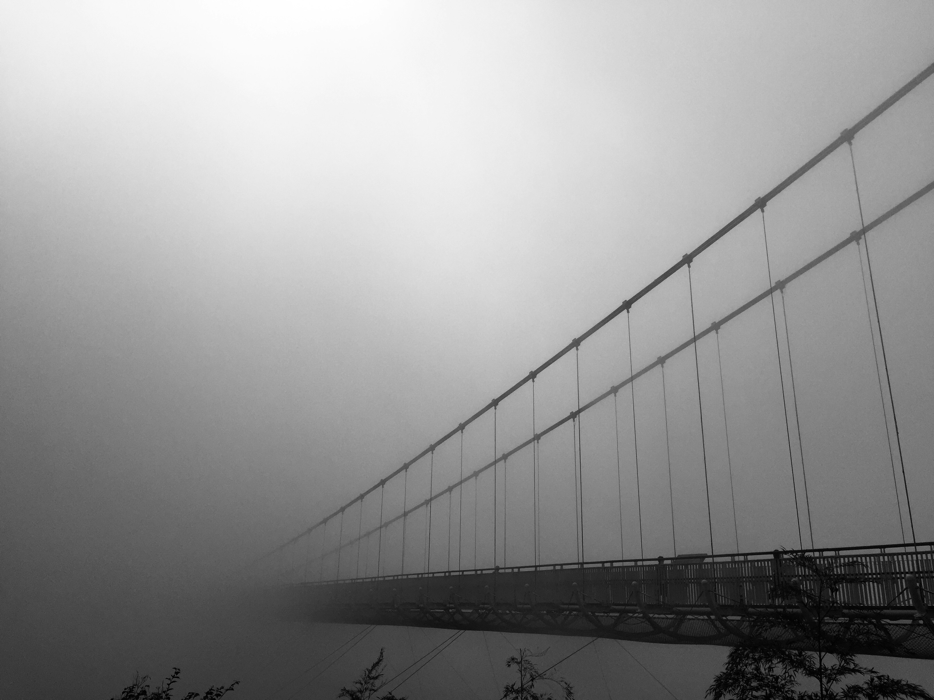 foggy long bridge over a river