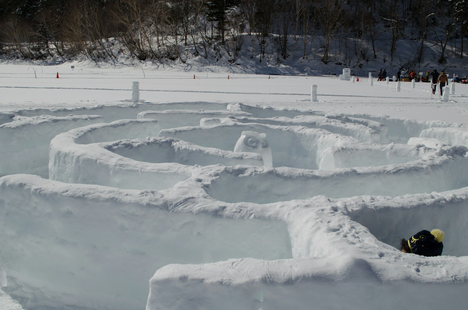 Design di un labirinto di neve con muri di ghiaccio circondato da un paesaggio innevato e persone
