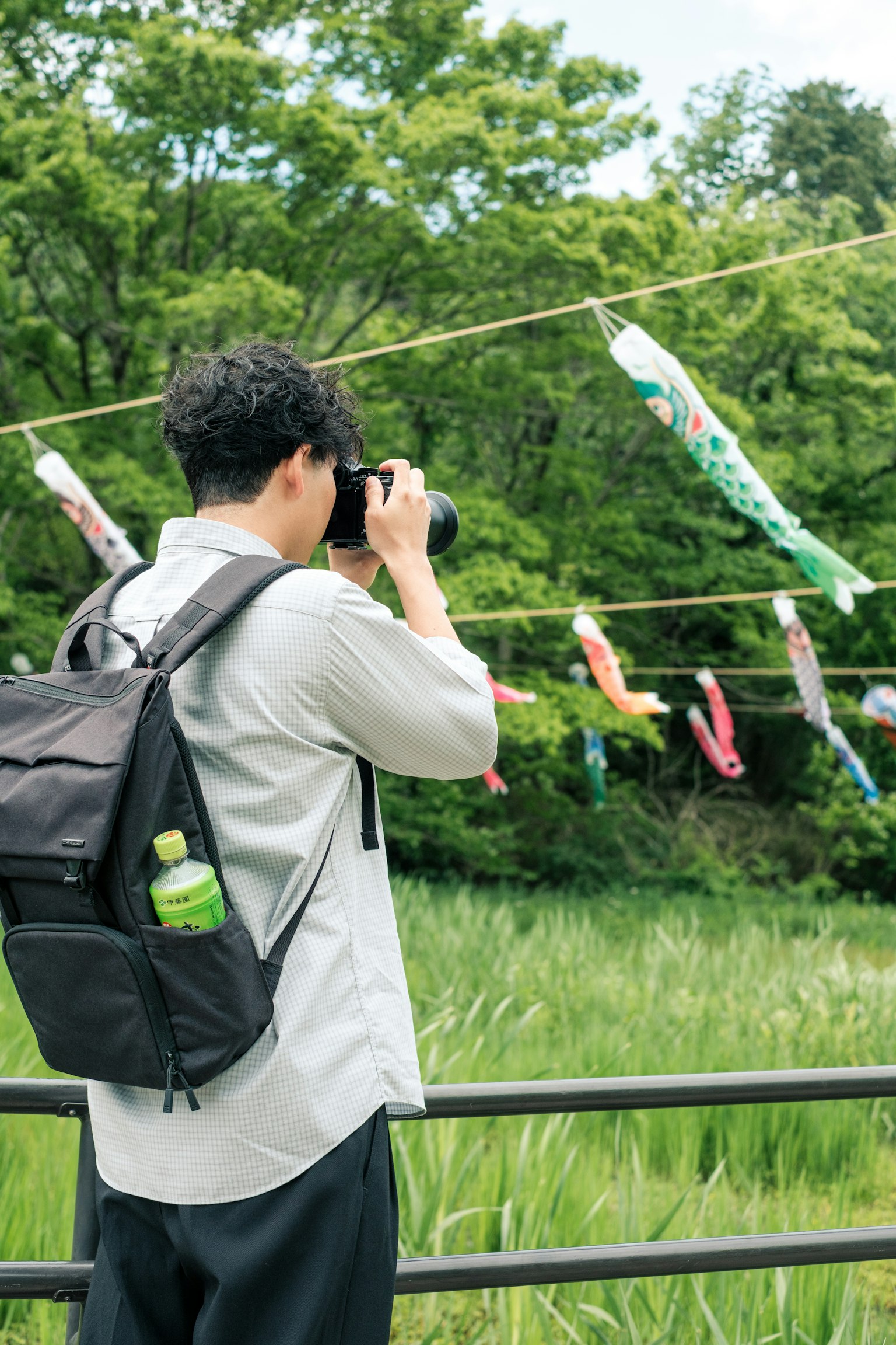 Hombre tomando una foto de banderas koi coloridas colgadas en un entorno verde