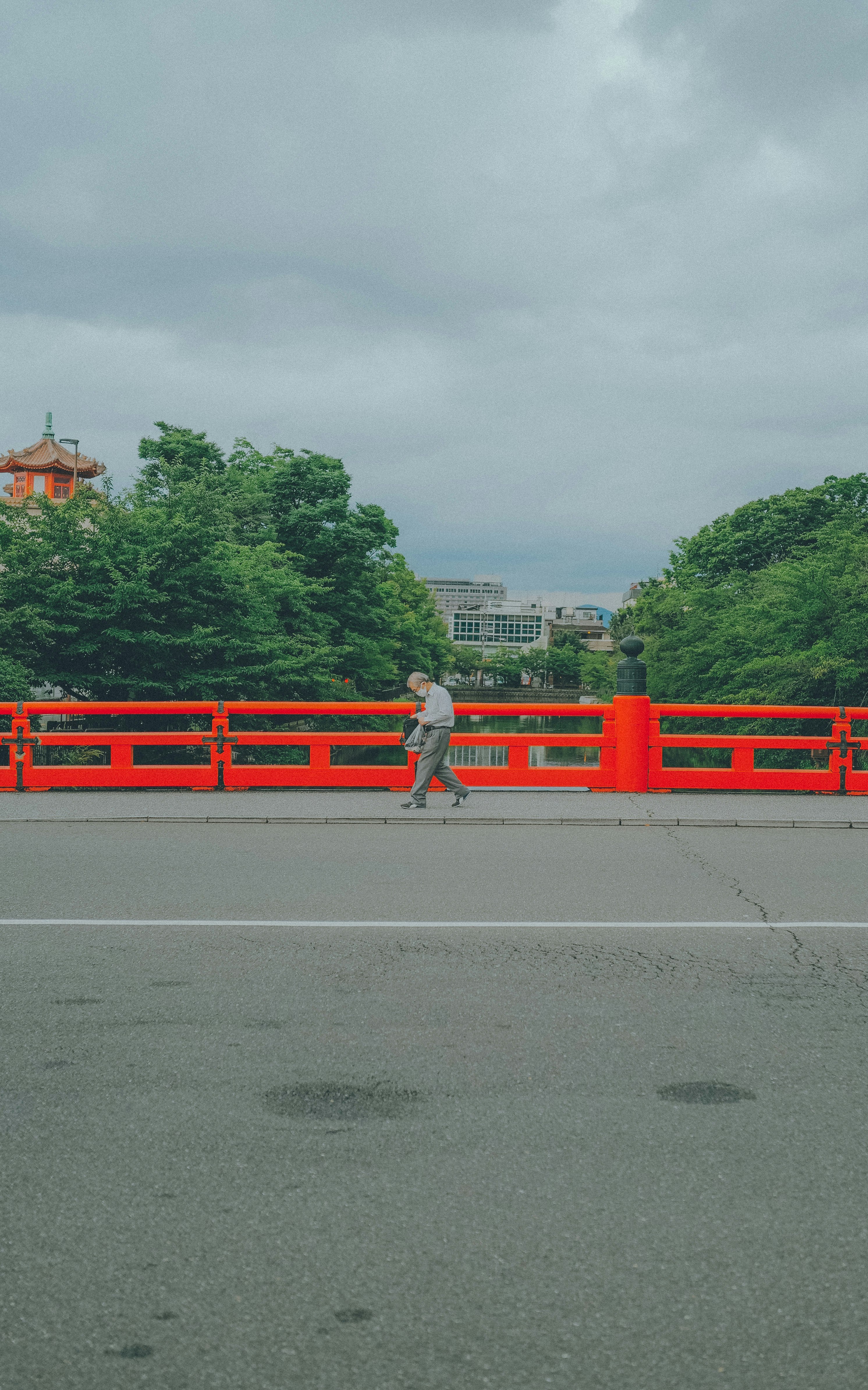 赤い欄干の橋を渡る人と緑の木々の風景