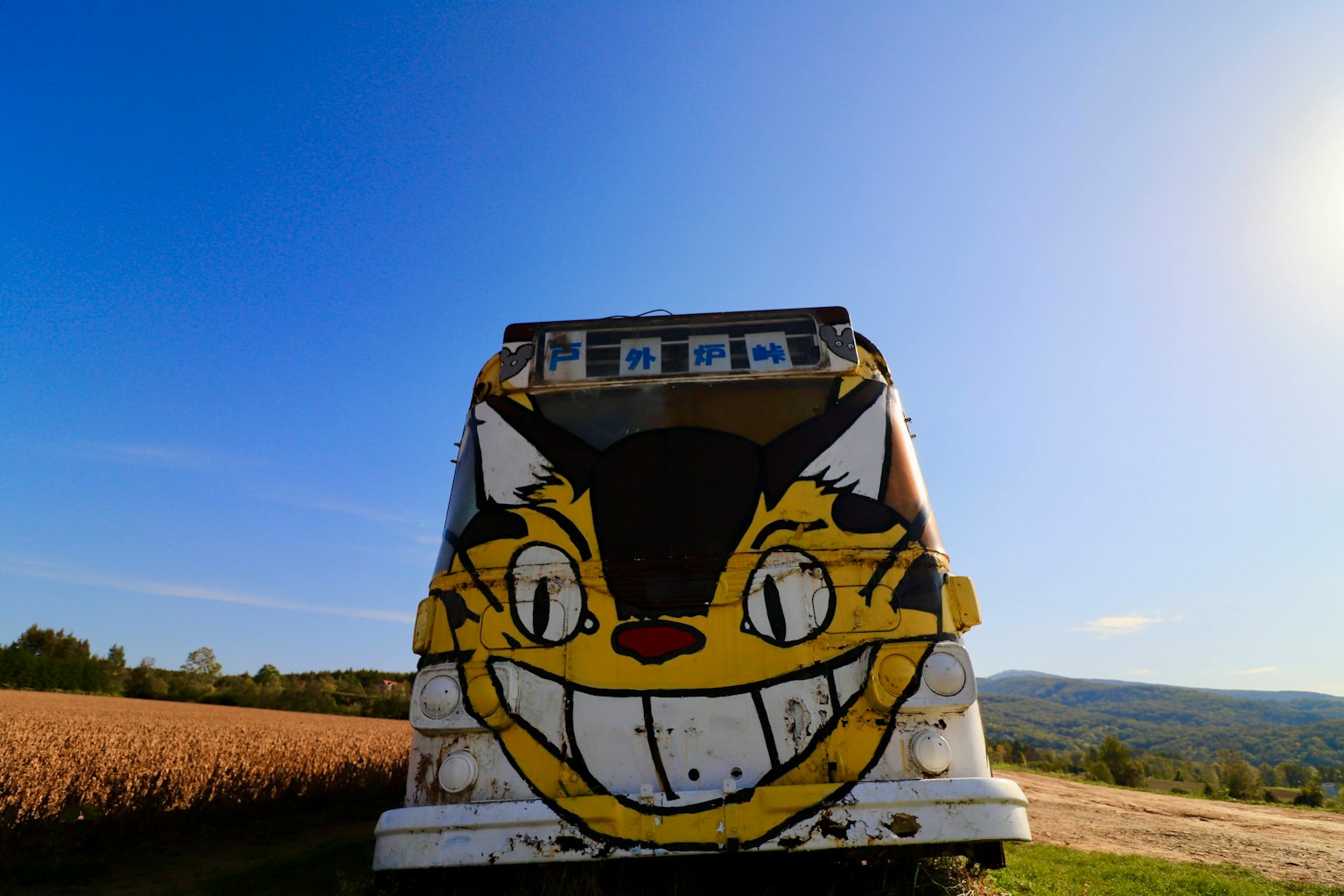 Un autobús con un gran graffiti de una cara de gato sonriente bajo un cielo azul claro