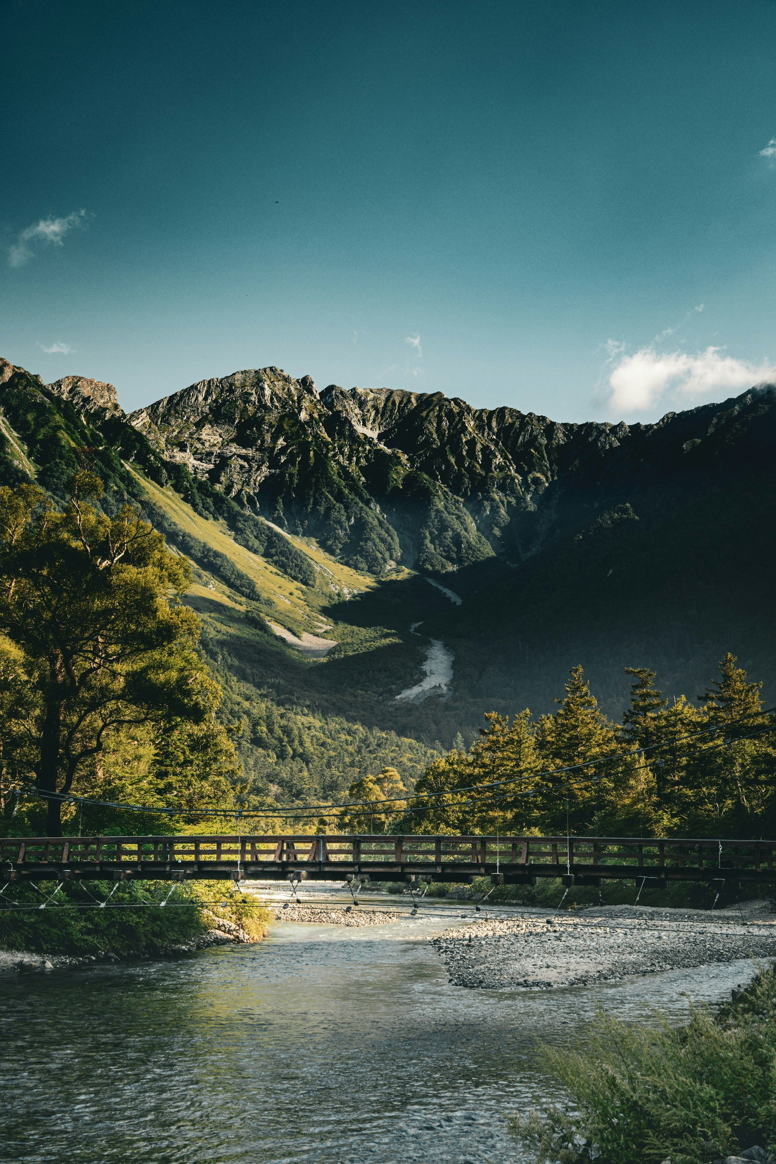 美しい山々と川を背景にした木製の橋の風景