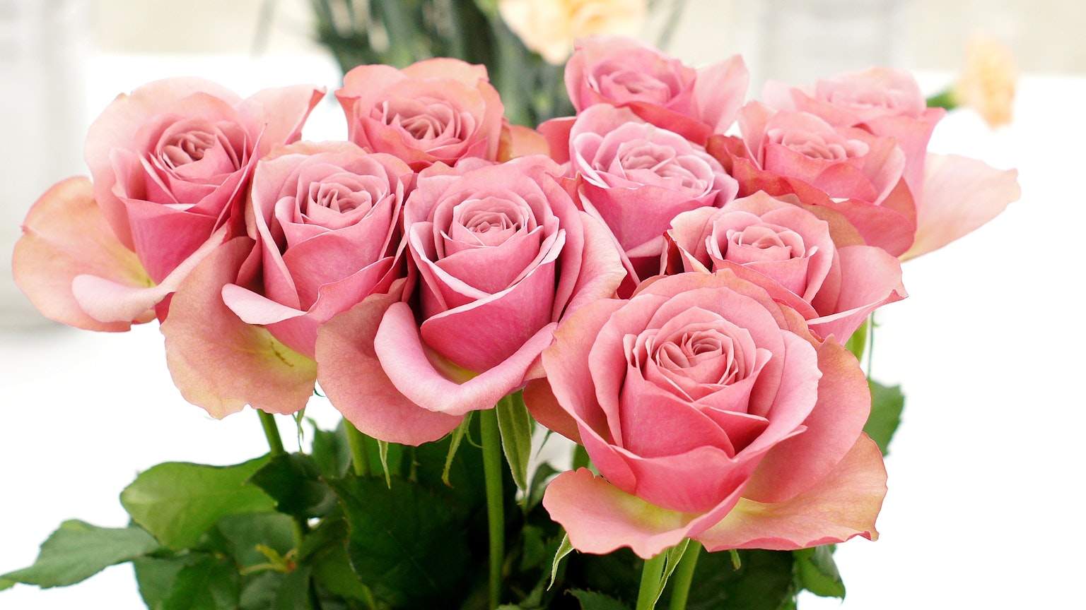 Un bellissimo mazzo di rose rosa disposto su un tavolo