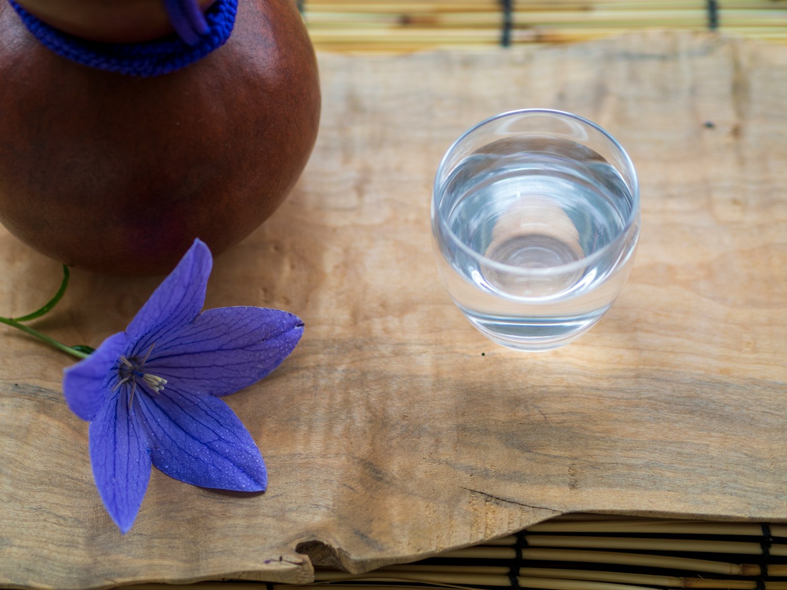 Tontopf mit einem Glas Wasser und einer lila Blume auf einem Holzbrett