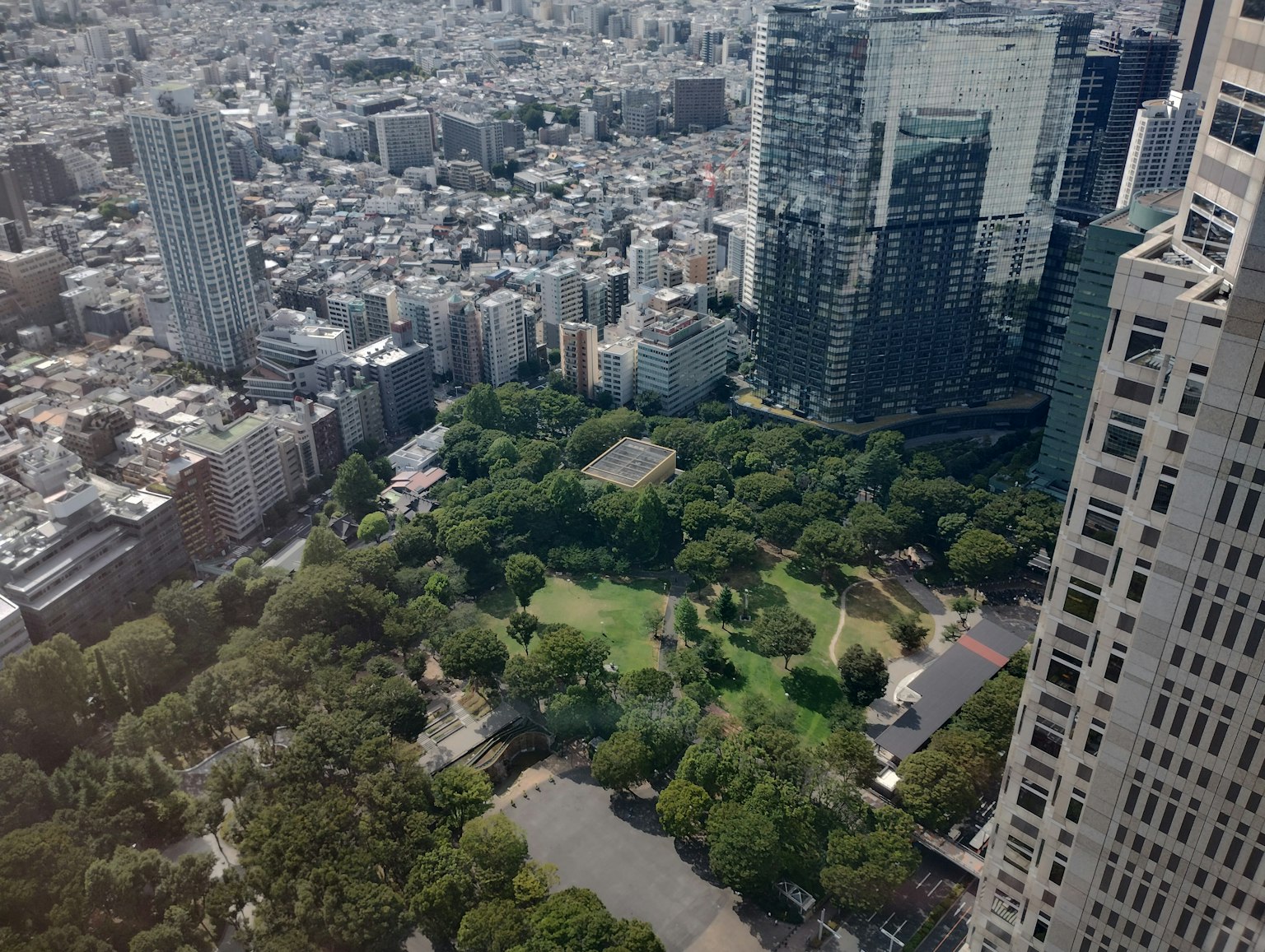 Vista aerea di un paesaggio urbano con un parco verde circondato da alti edifici