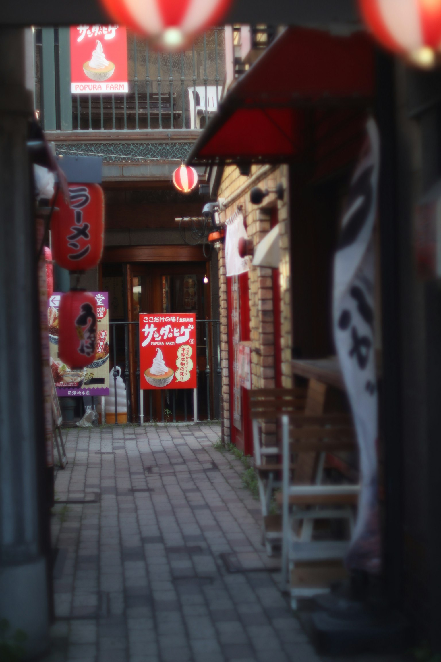 狭い路地に並ぶ飲食店の看板と提灯が見える