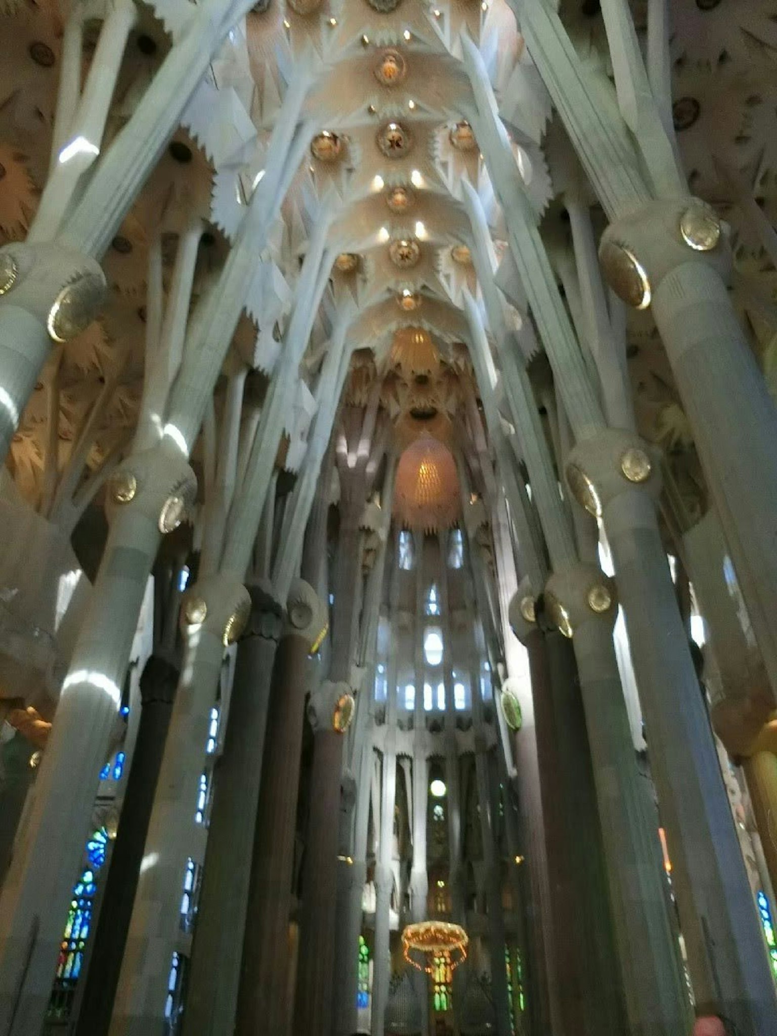 Innenraum der Sagrada Familia mit hohen Bögen und einzigartigen Säulen