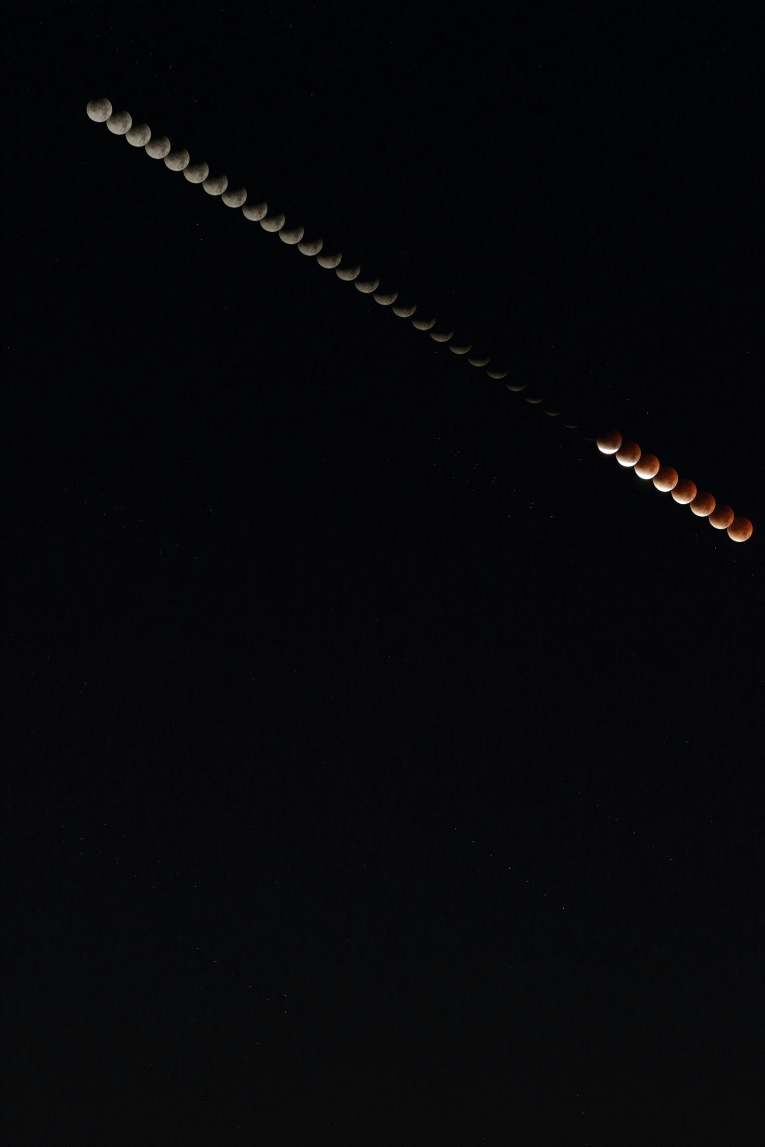 Sequenzielle Bilder einer Mondfinsternis, die die Phasen des Mondes vor einem dunklen Himmel zeigen