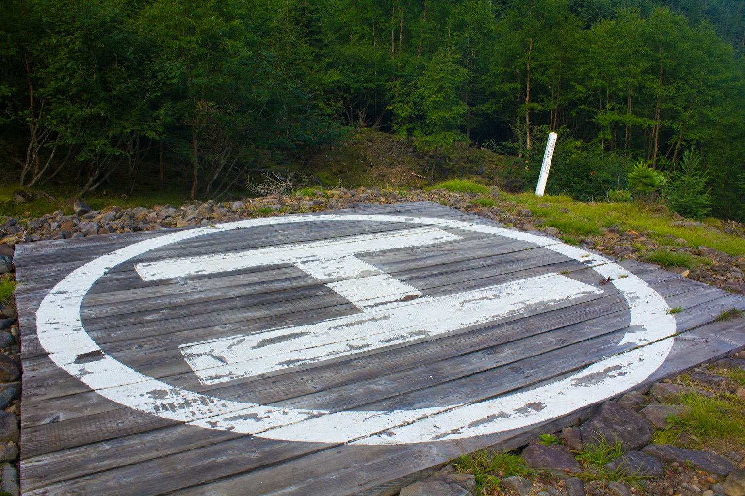 Wooden helipad marked with a white symbol surrounded by green forest