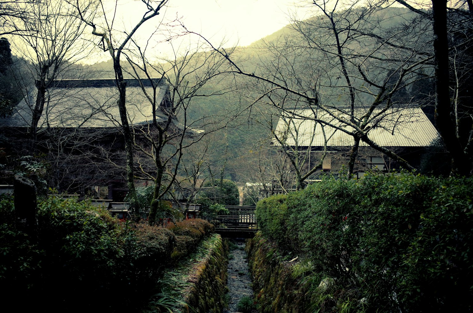 Serene temple landscape surrounded by mountains