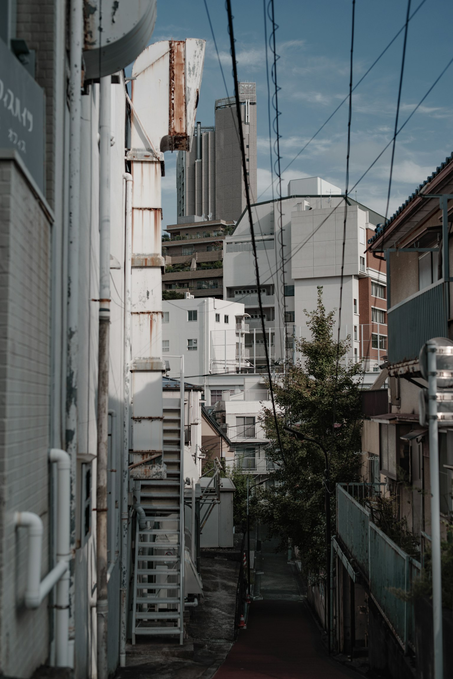 Schmale Gasse mit weißen Gebäuden und grünen Bäumen in einer städtischen Umgebung