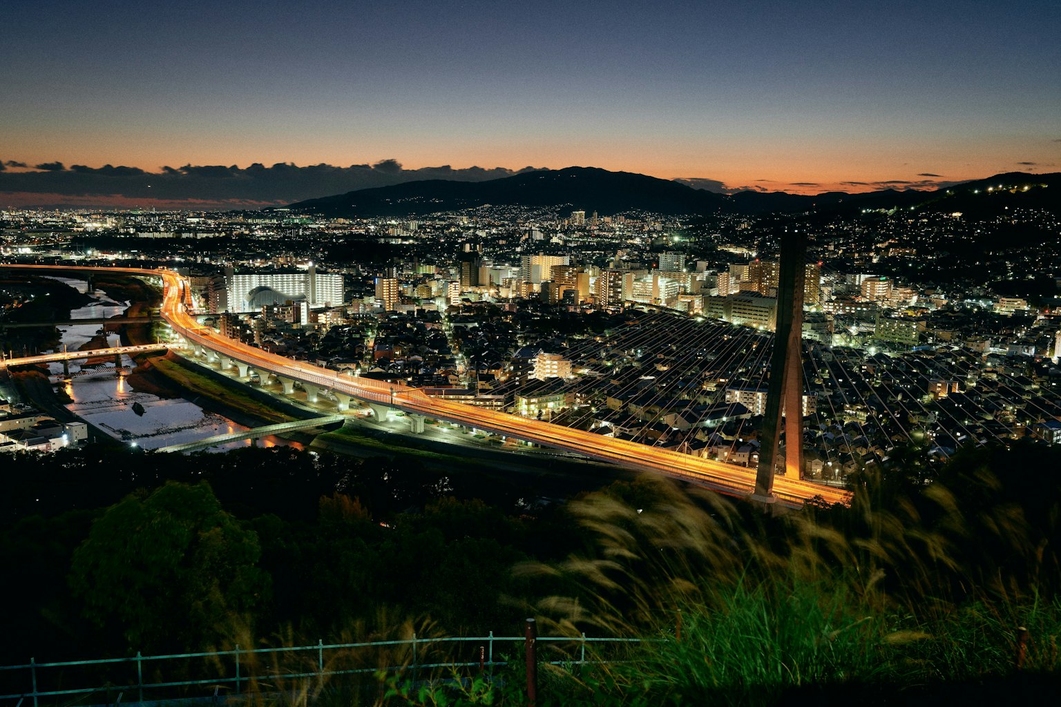 城市夜景和河流的景观，远处有山脉