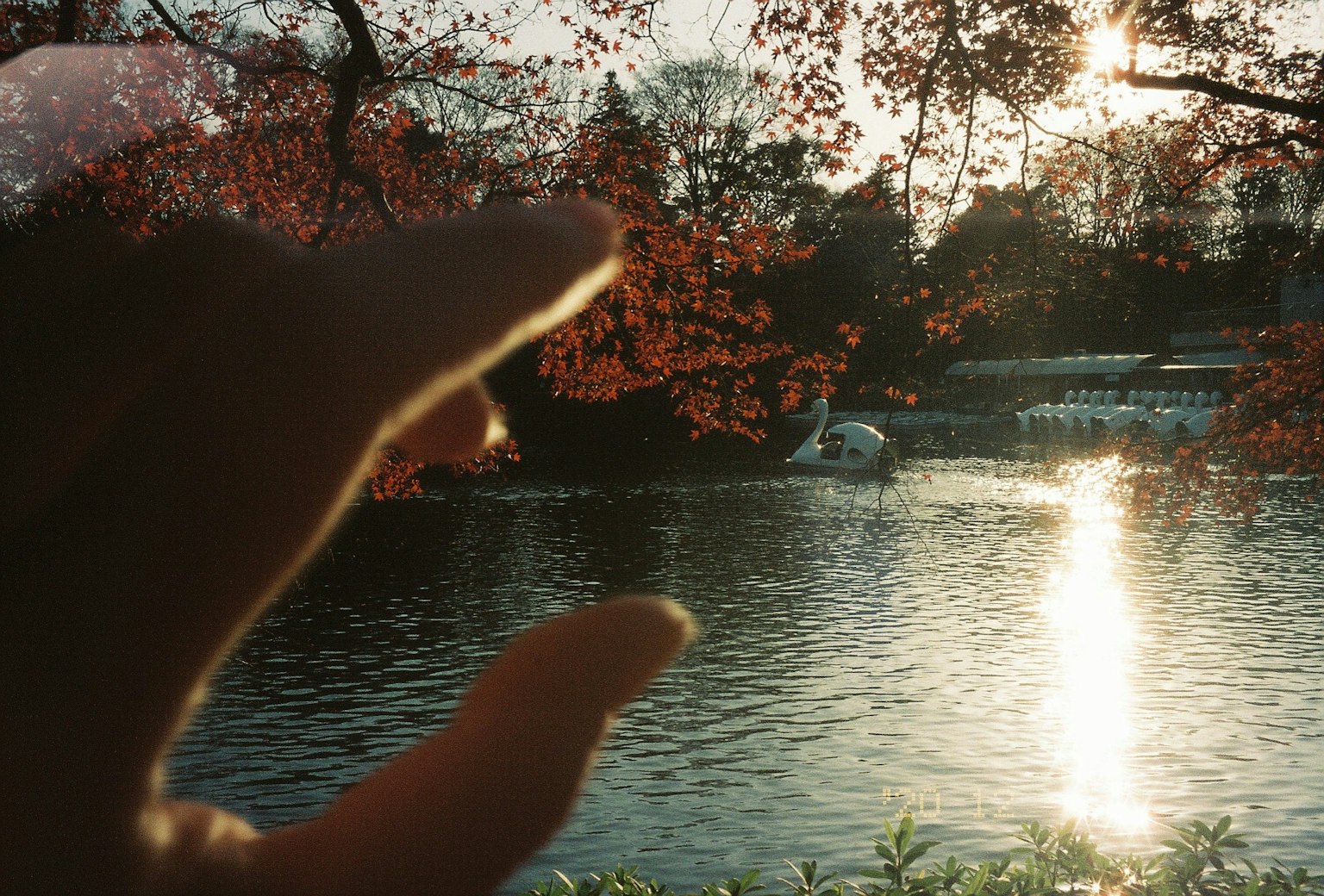 Hand, die sich einem See nähert, der den Sonnenuntergang spiegelt
