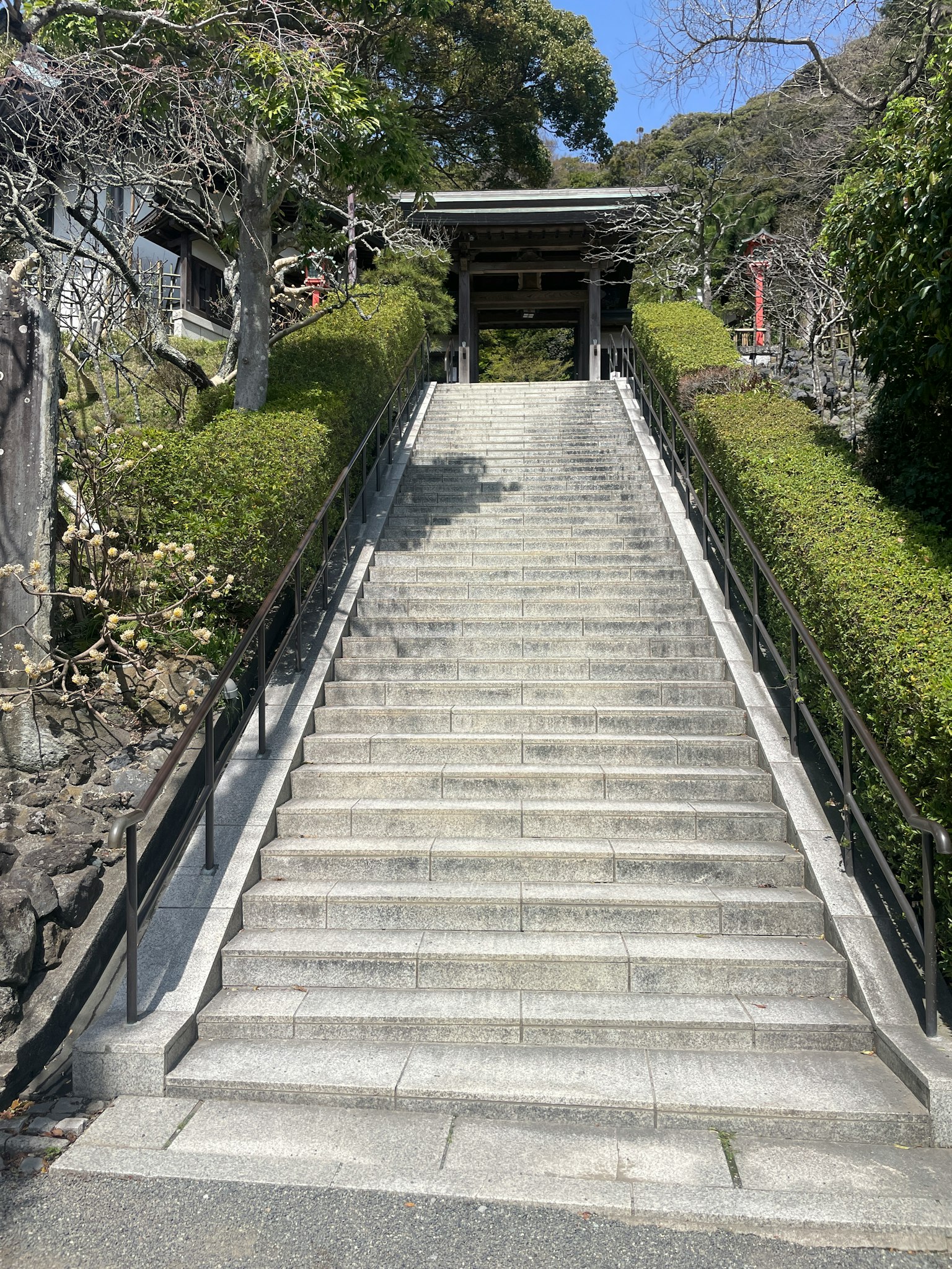 石阶通向一个被绿色植物包围的神社