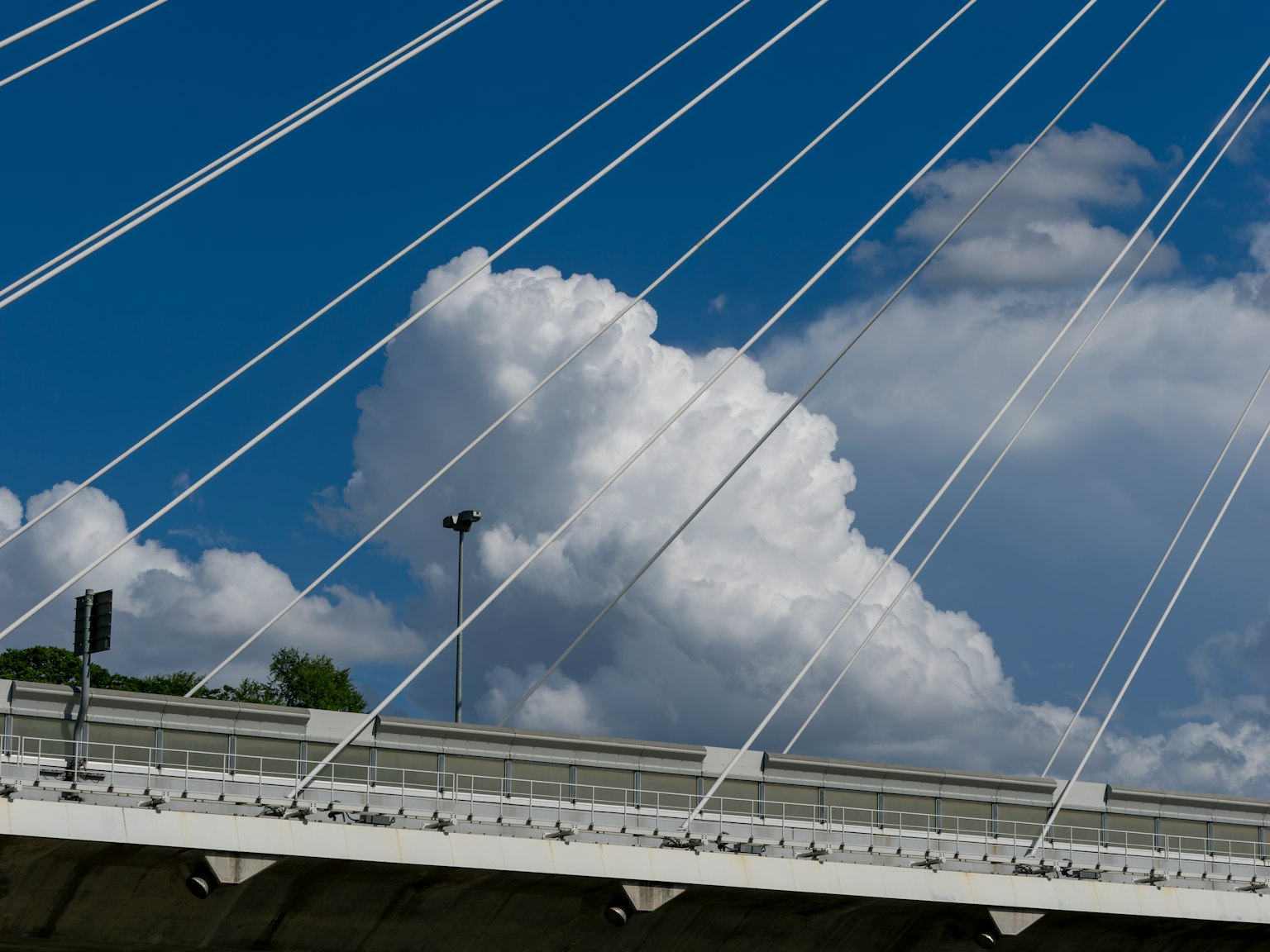 青空と白い雲が見えるケーブル橋の一部
