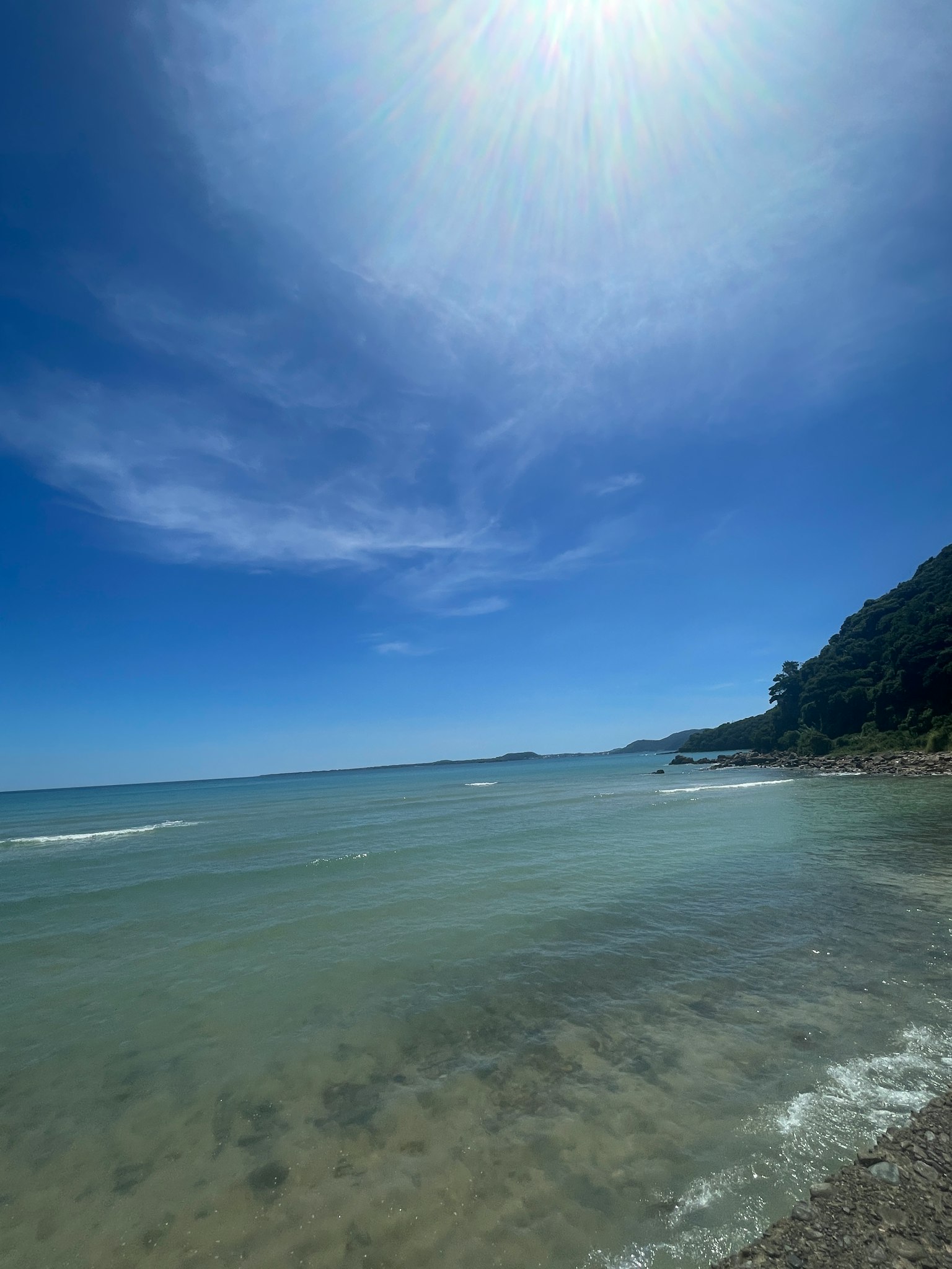 Pemandangan laut dan langit biru dengan pantai berbatu dan pohon hijau