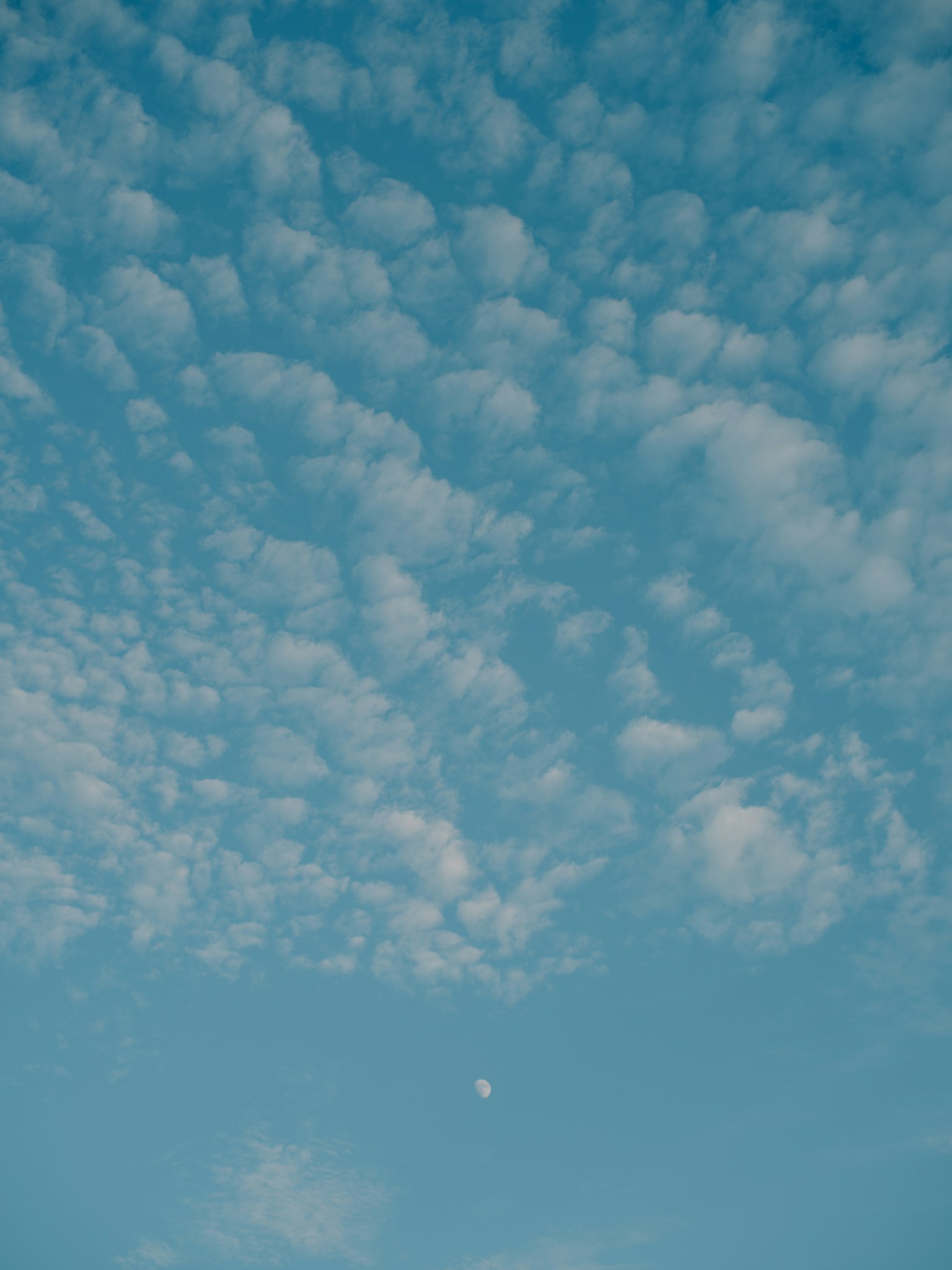 Langit biru dengan awan putih dan bulan kecil