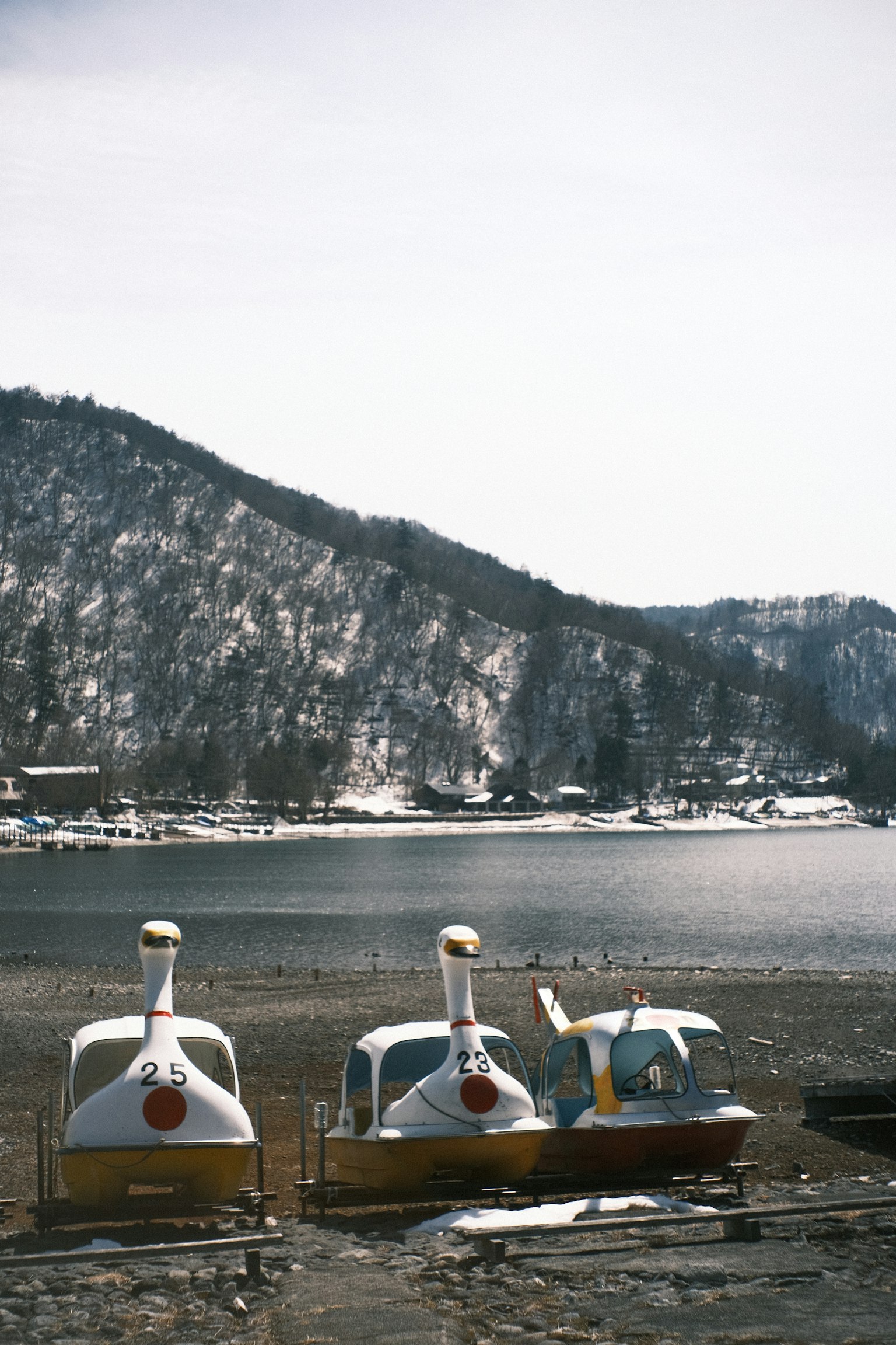 Colorful swan boats parked by a lake with snow-covered mountains in the background