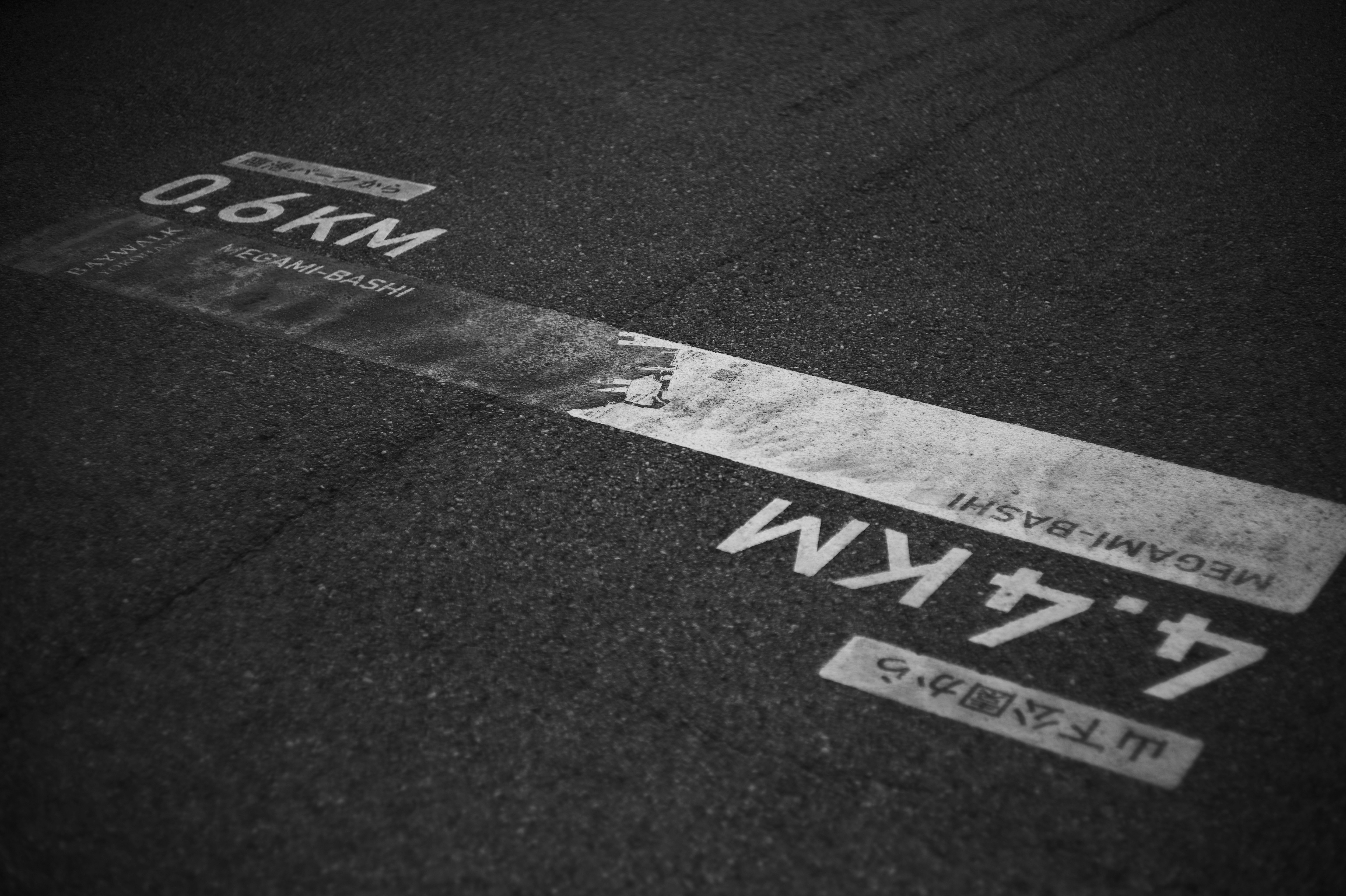 道路の横断歩道と「4.0KM」表示のある路面