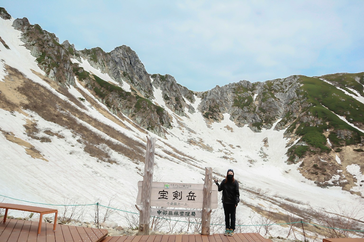 Paesaggio montano innevato con un turista
