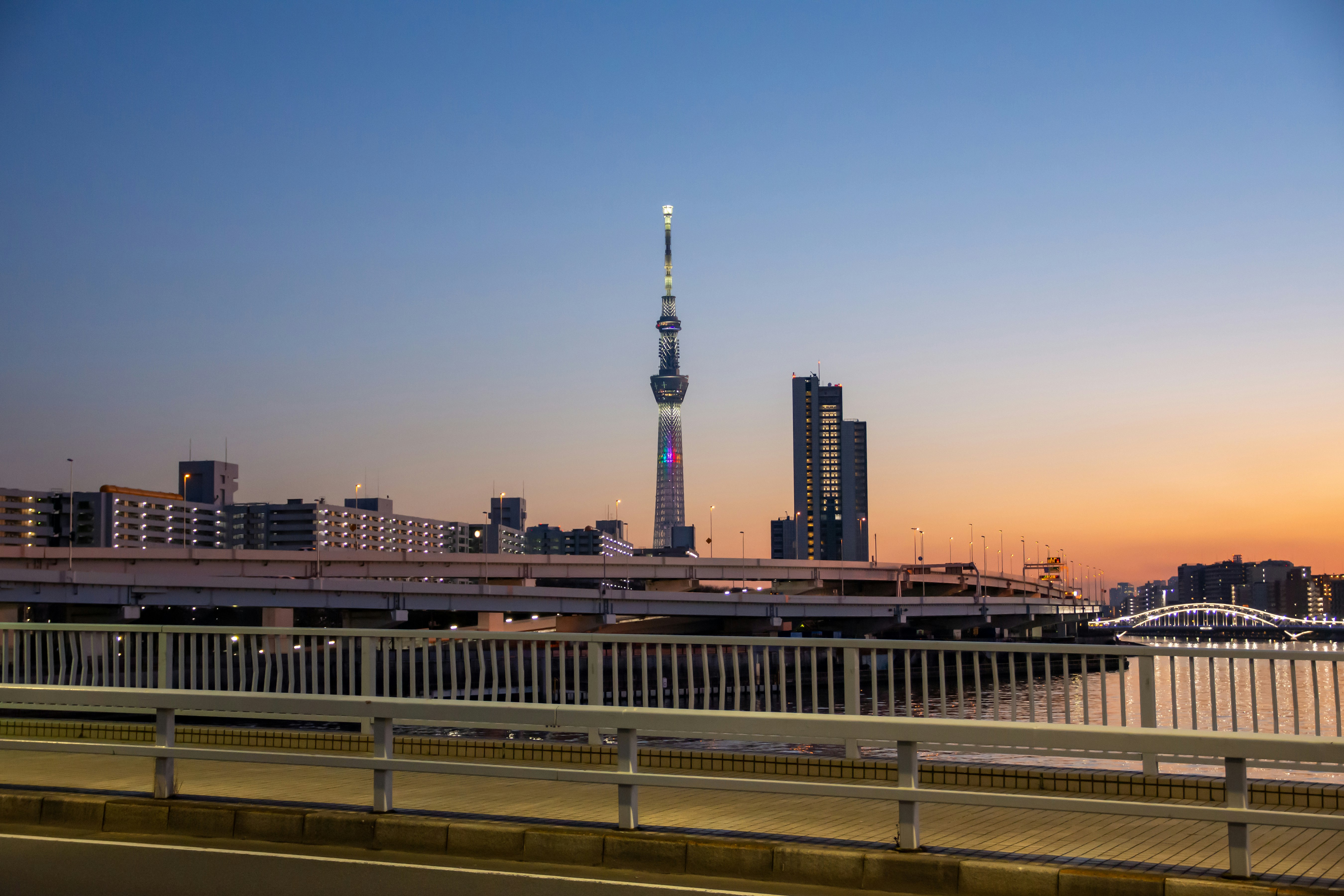 Tokyo skyline at dusk with an elevated roadway and Tokyo Skytree in view