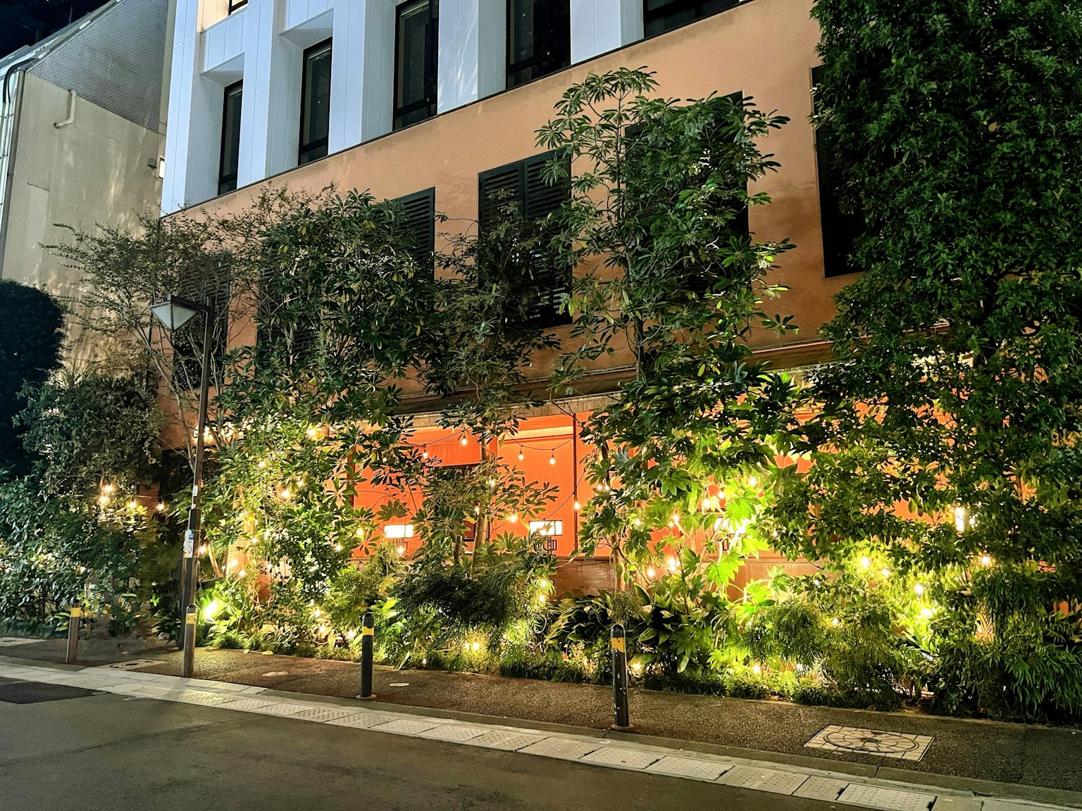 夜间被绿植环绕的建筑外观