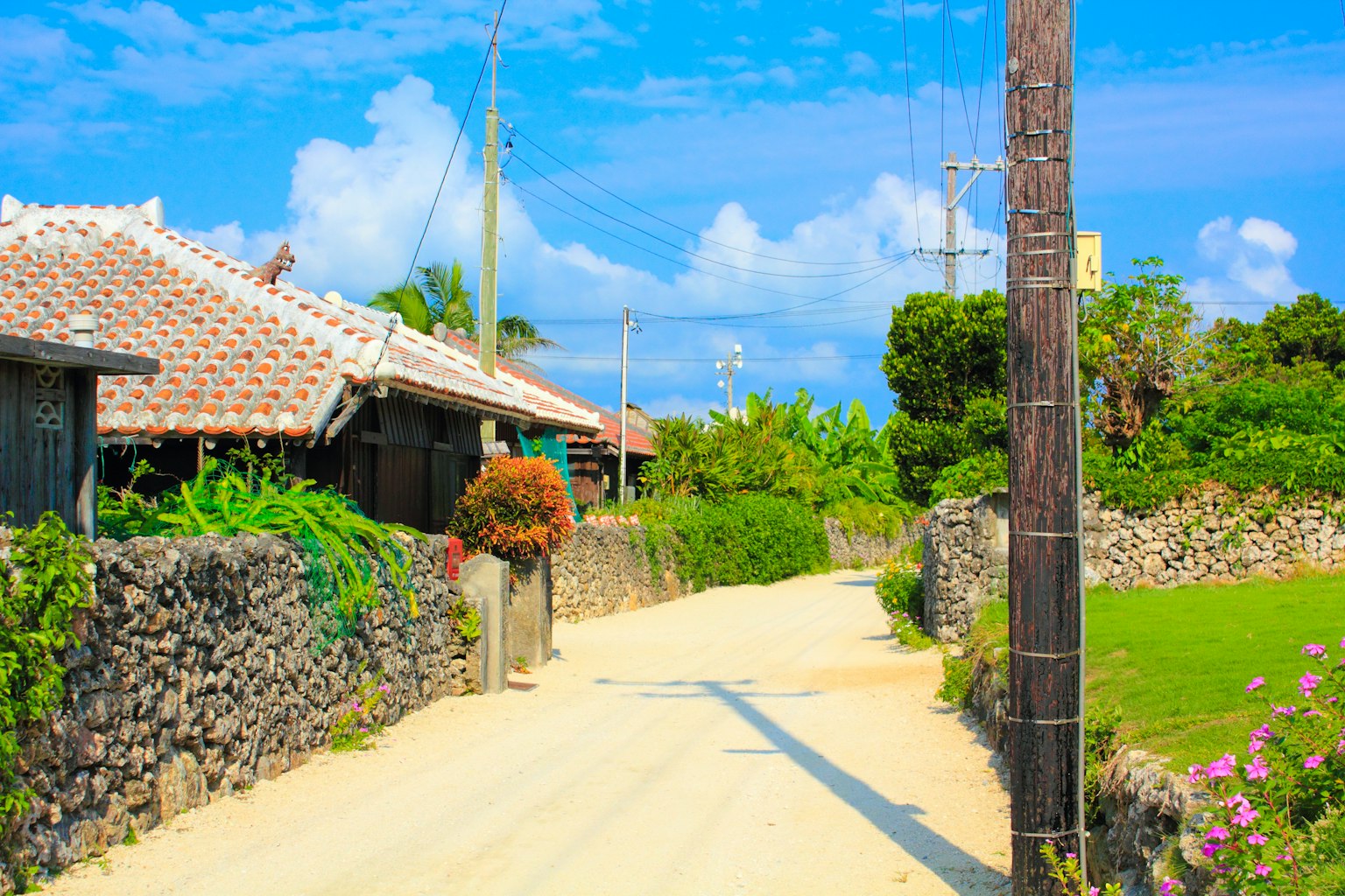 Charming rural landscape in Okinawa featuring a sandy pathway traditional houses and stone walls