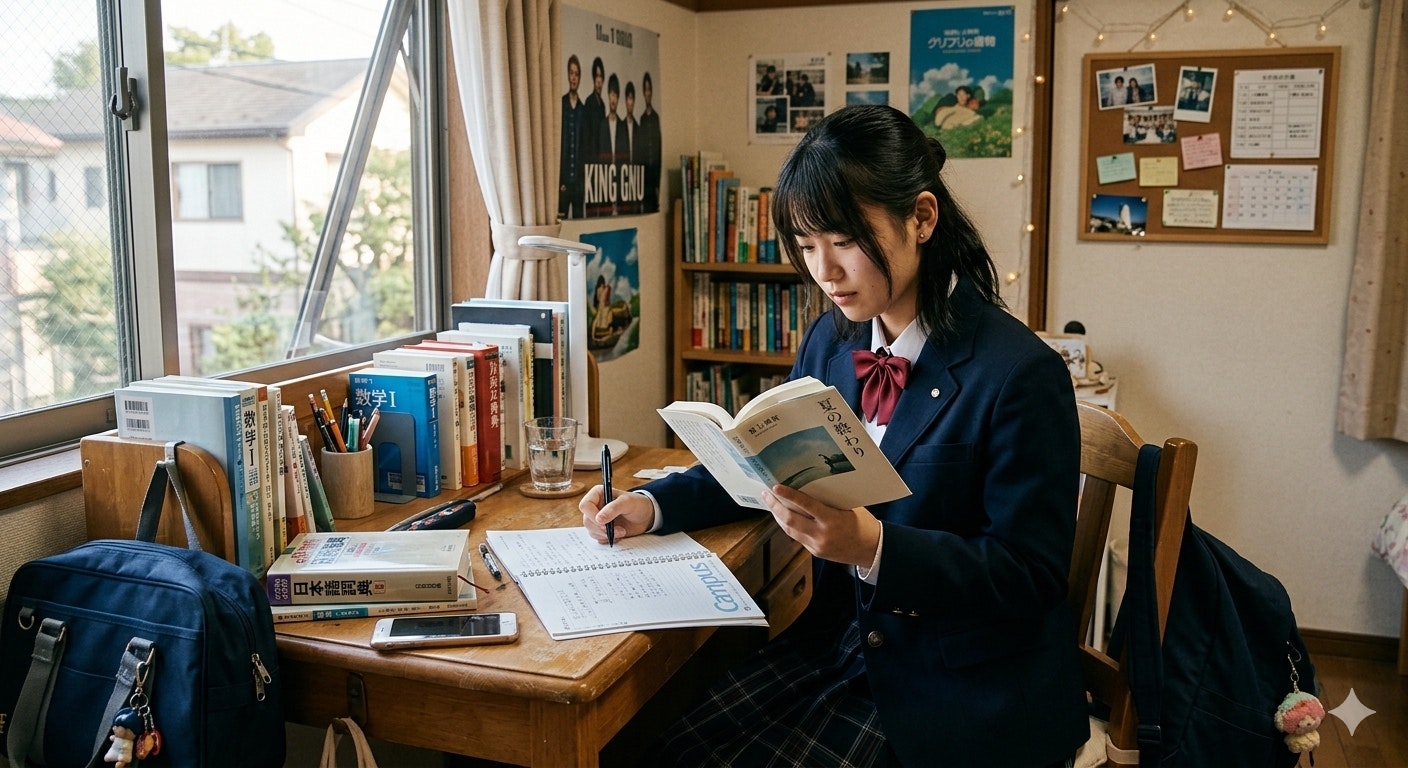 窓辺で勉強する学生の学習風景