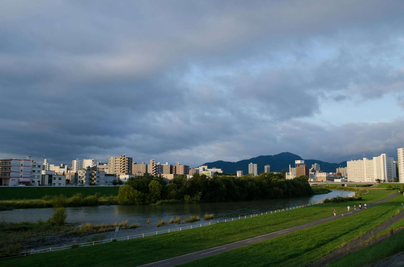 Fiume e paesaggio urbano con erba verde e cielo nuvoloso