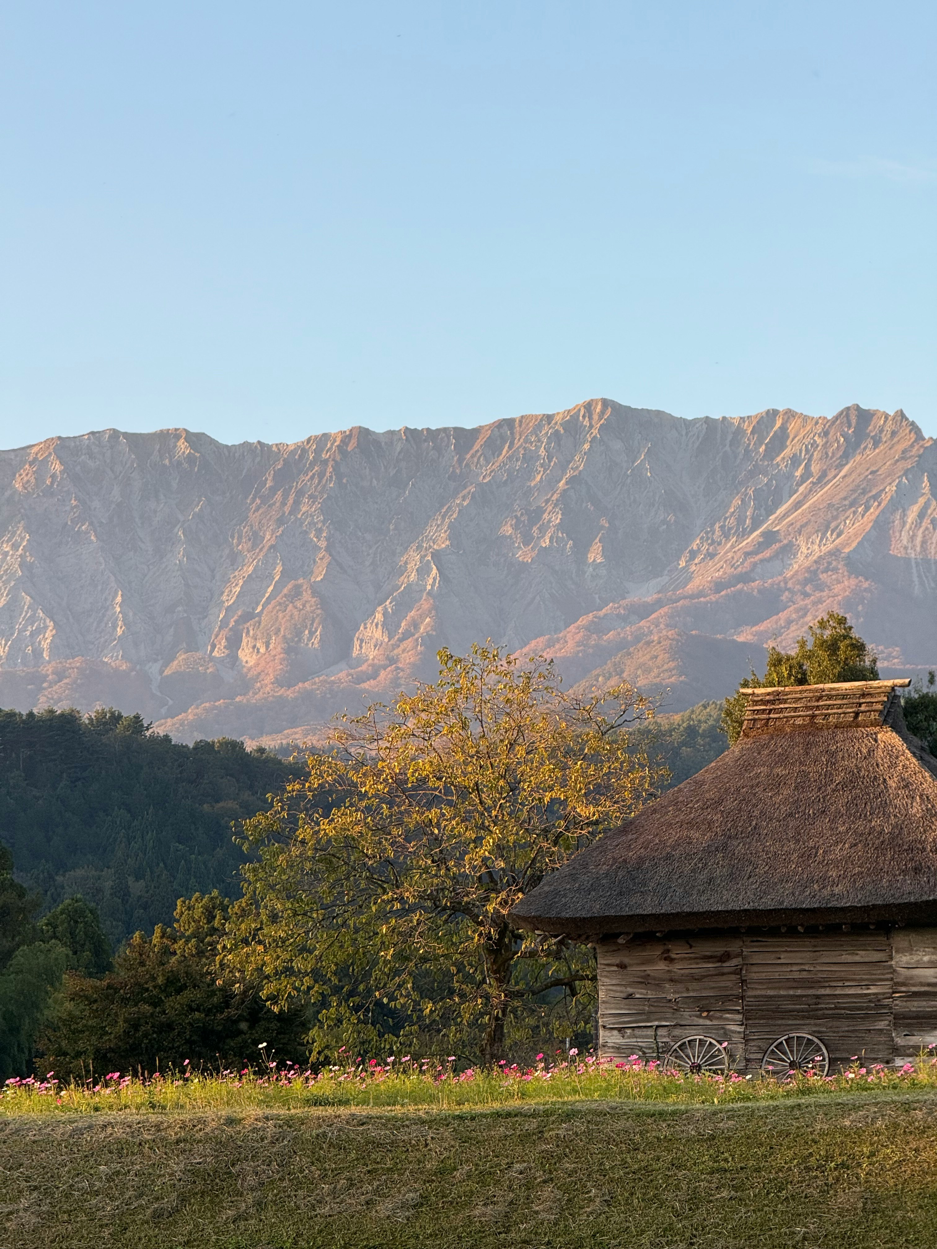 夕日に照らされる大山の山並みと茅葺き小屋