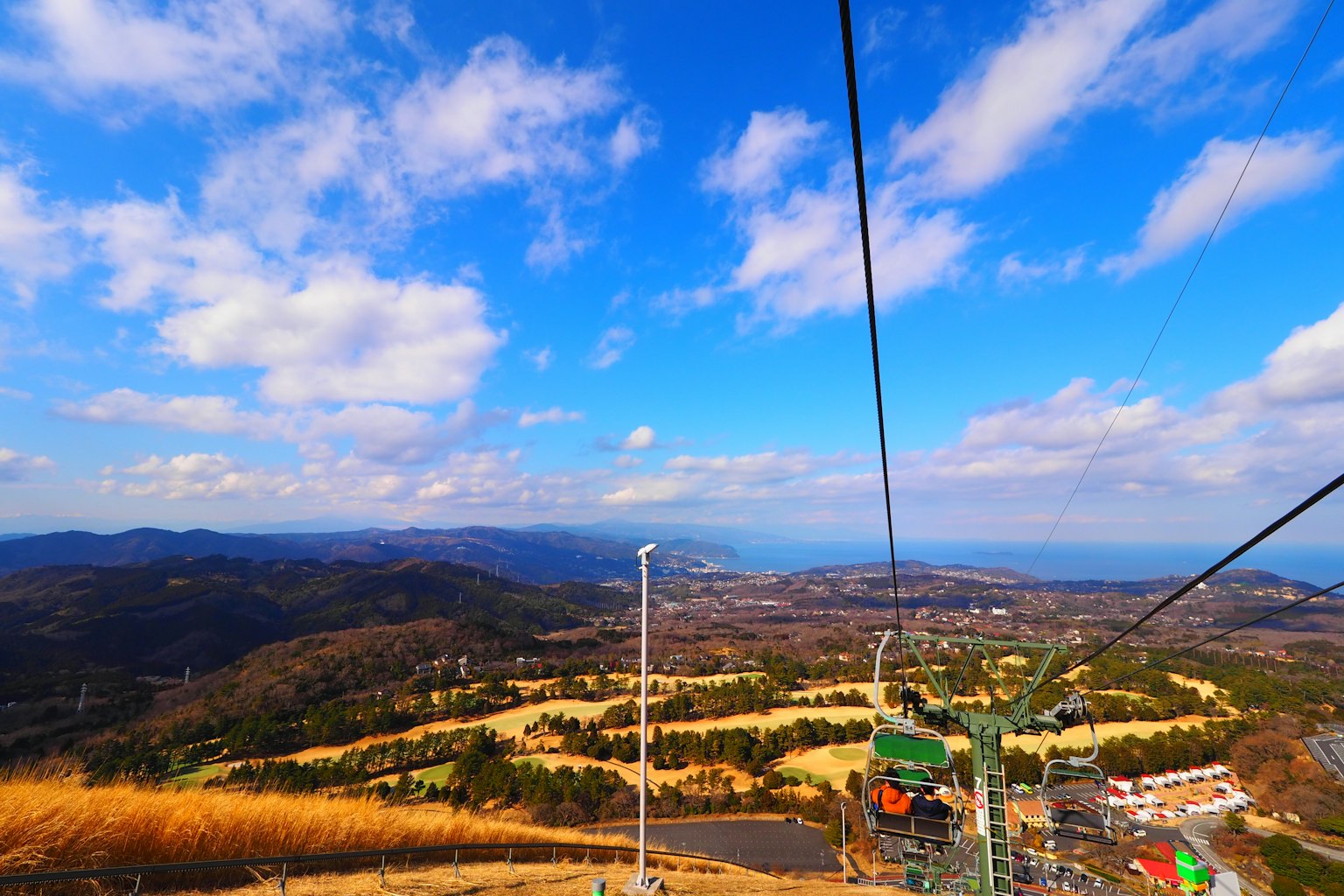 Vue panoramique depuis un télésiège sur des montagnes et un ciel bleu