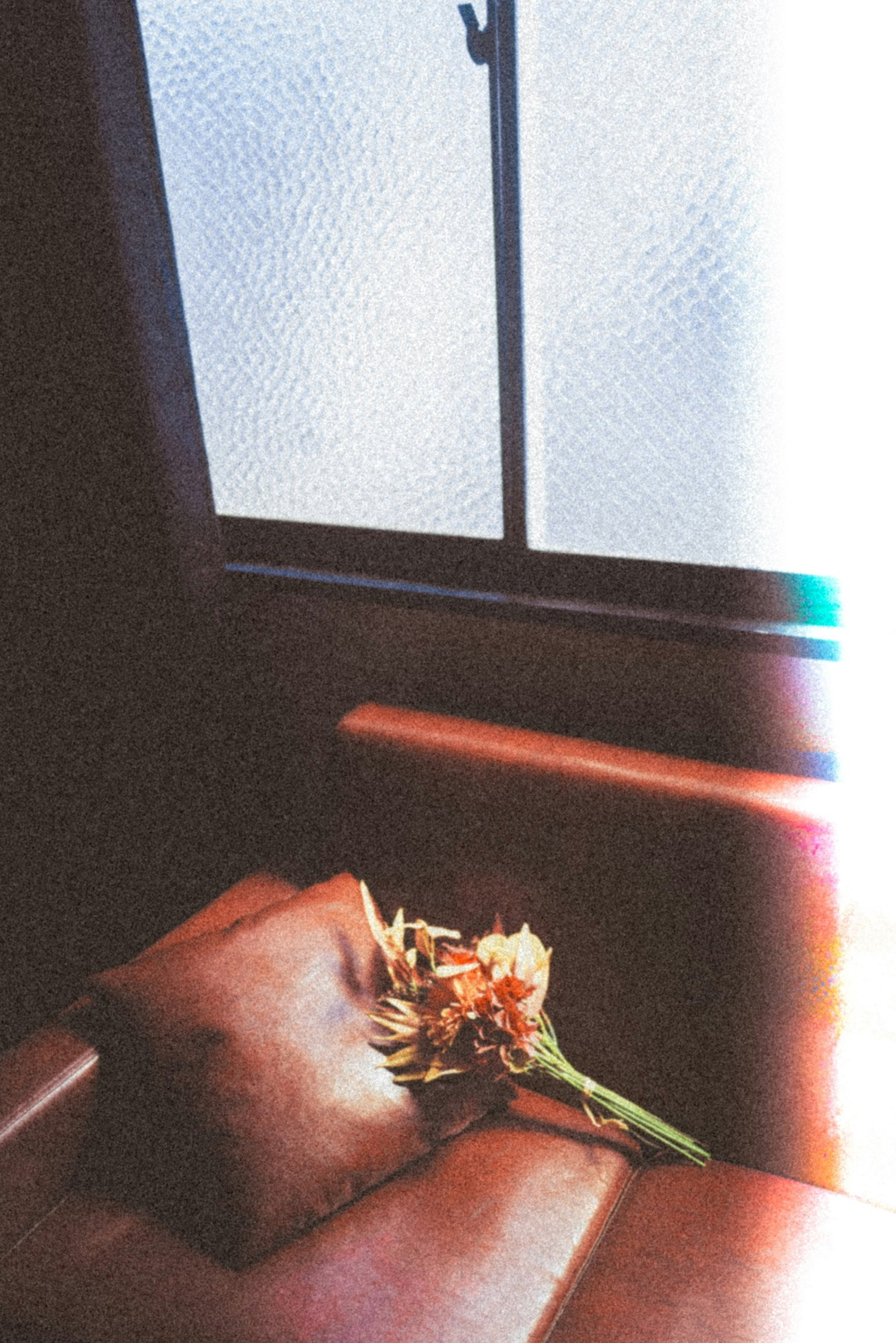 A bouquet on a sofa near a window with soft light