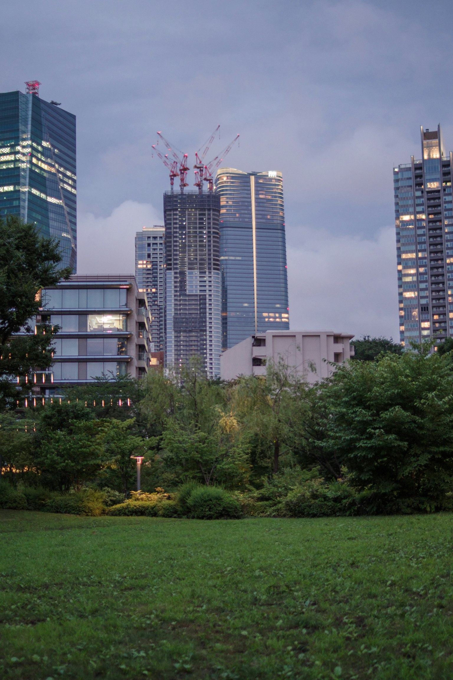 Paysage urbain avec parc vert et gratte-ciels au crépuscule