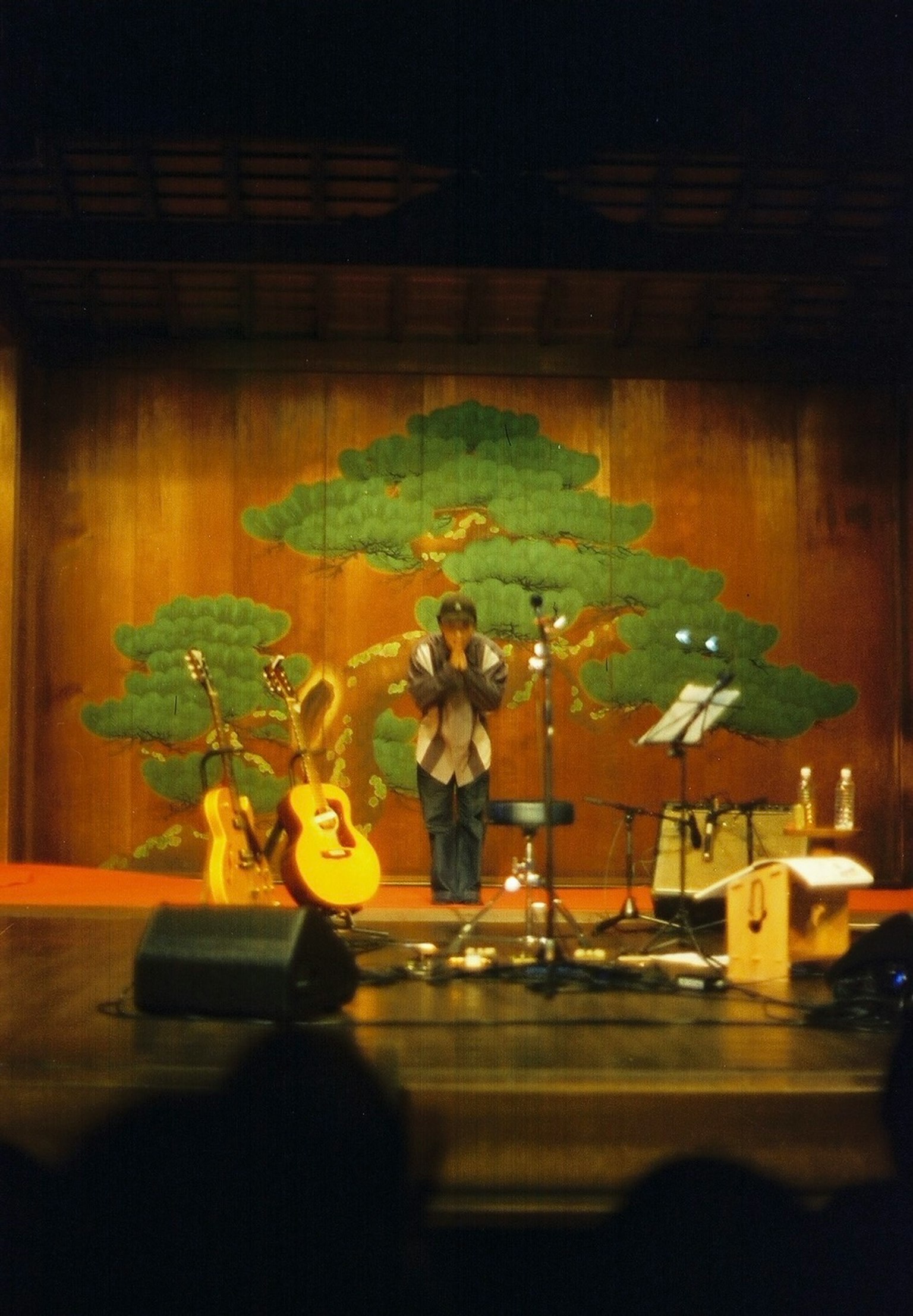 Musicien sur scène avec un fond de peinture d'arbre de pin