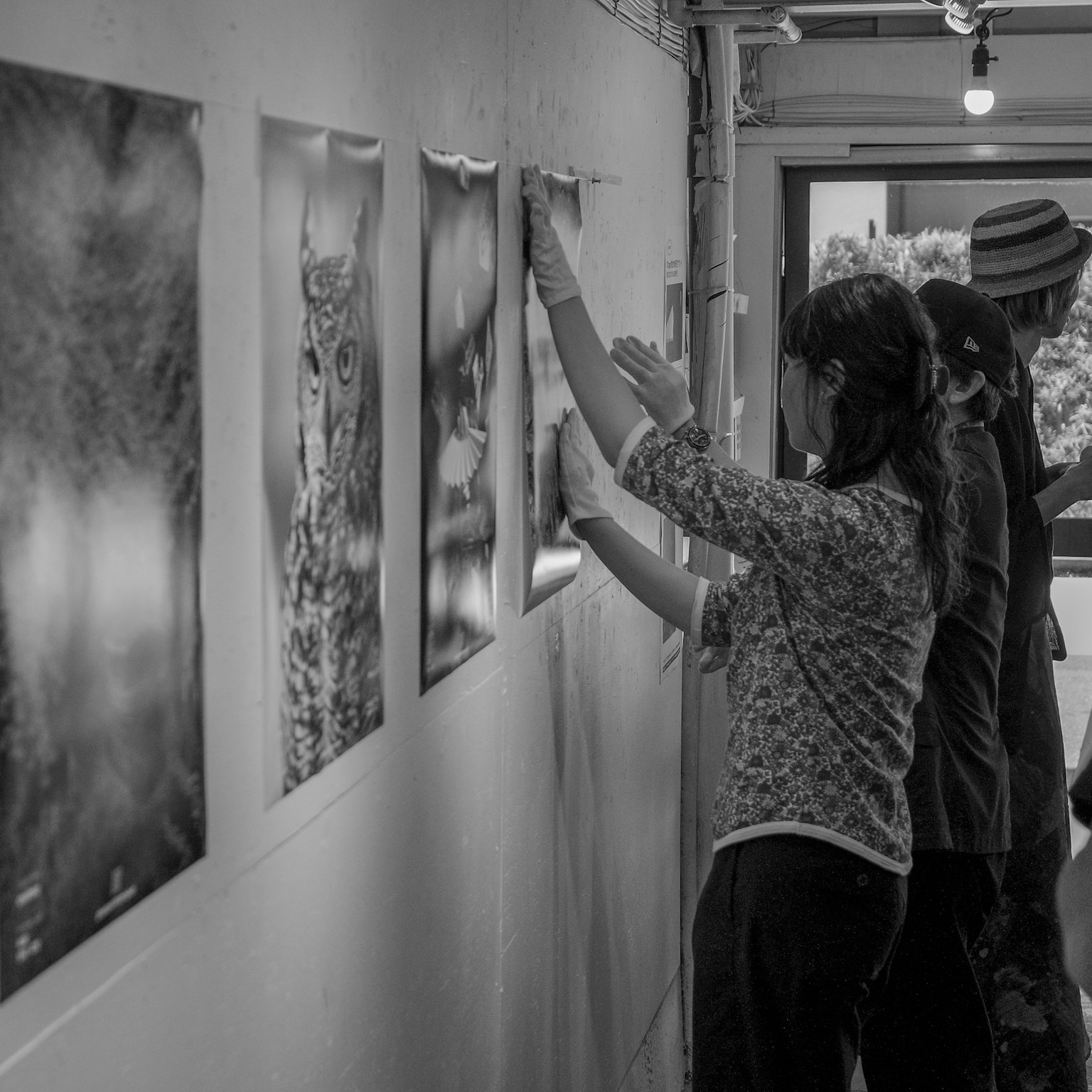Schwarzweißfoto von Menschen, die Poster bei einer Ausstellung aufhängen