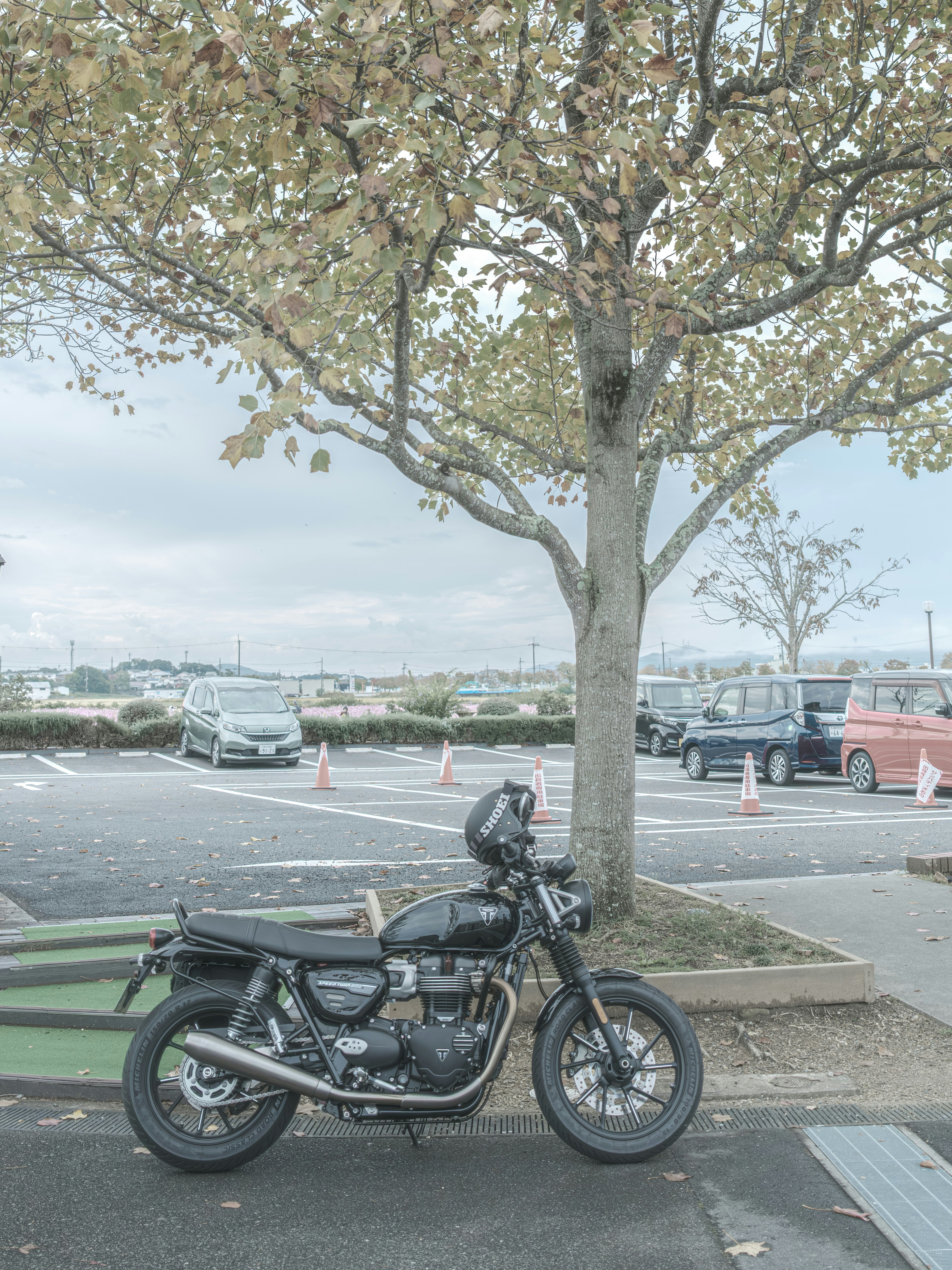 sepeda motor terparkir di area parkir dengan mobil