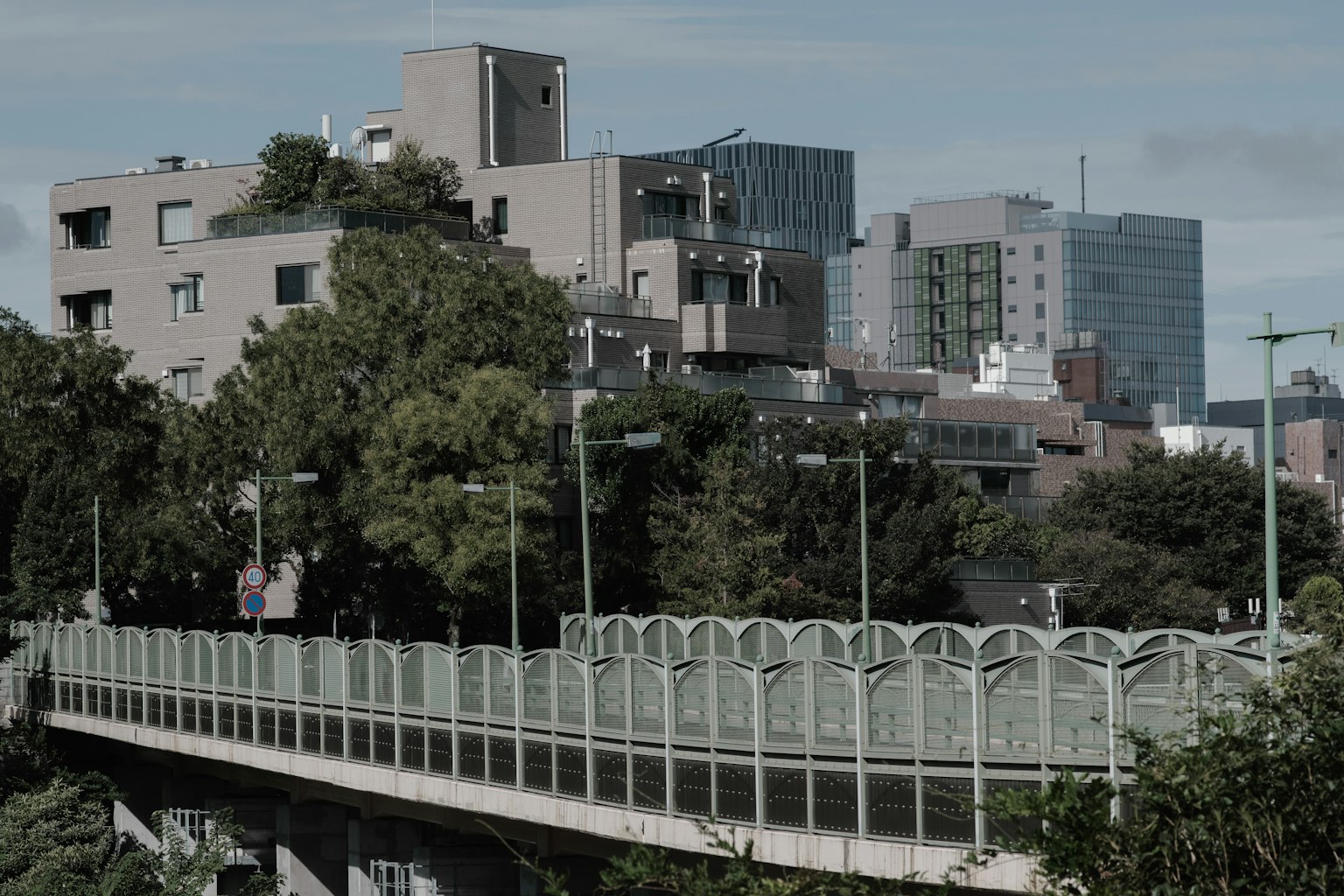 Scene of an elevated bridge surrounded by greenery and urban buildings