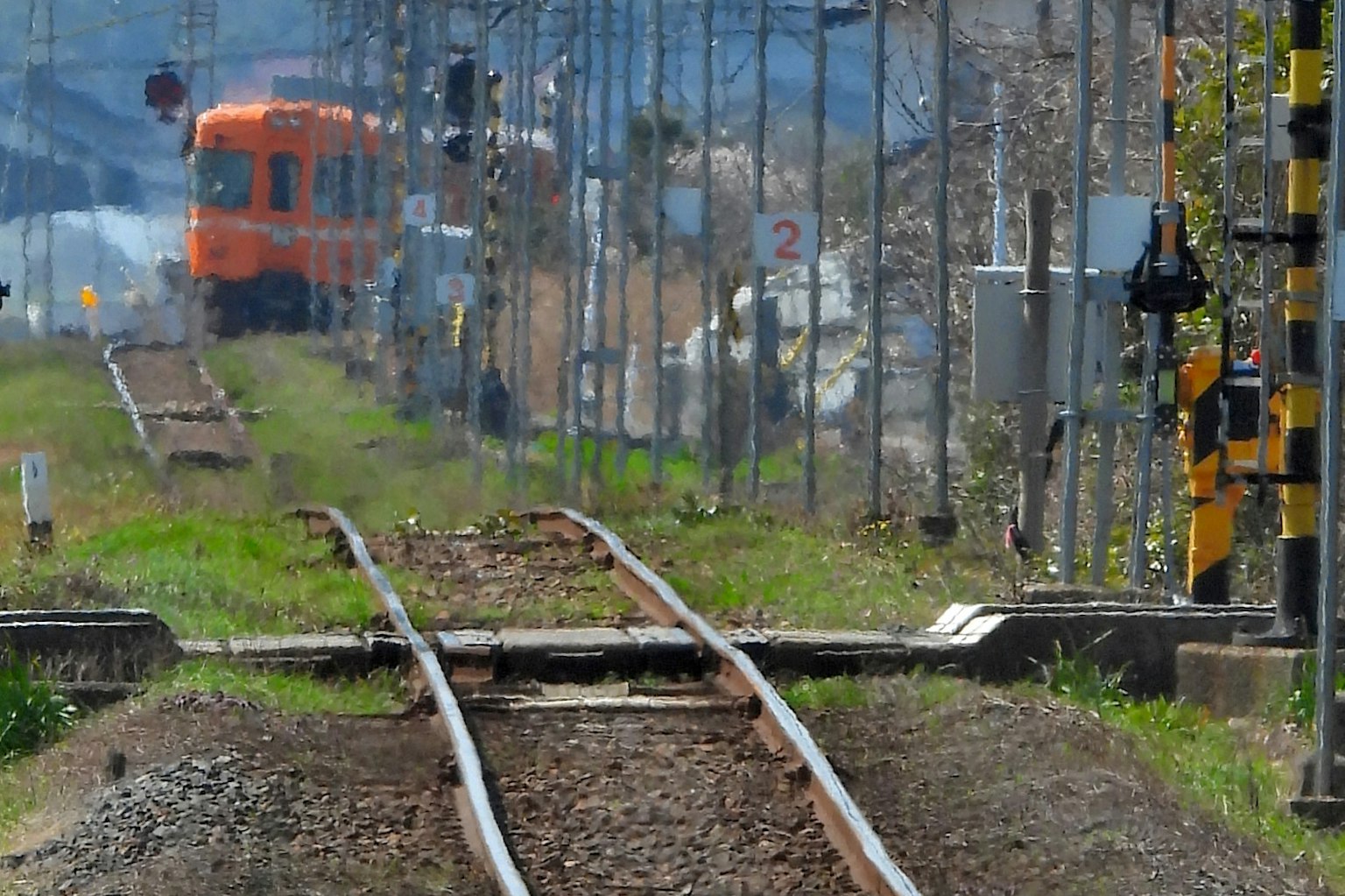 一列橙色火車接近的鐵路軌道景觀信號和綠地