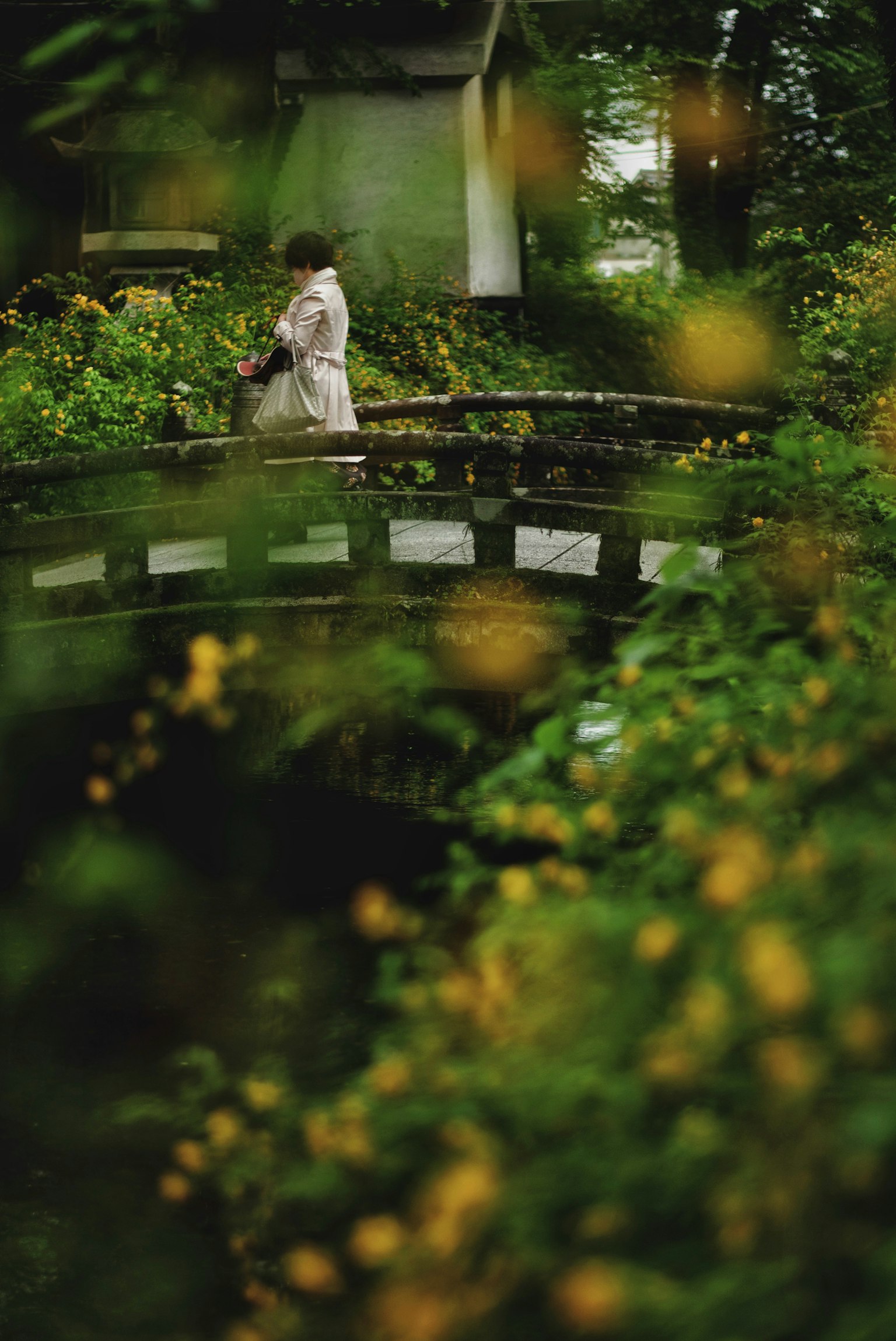 A woman walking on a stone bridge in a lush garden