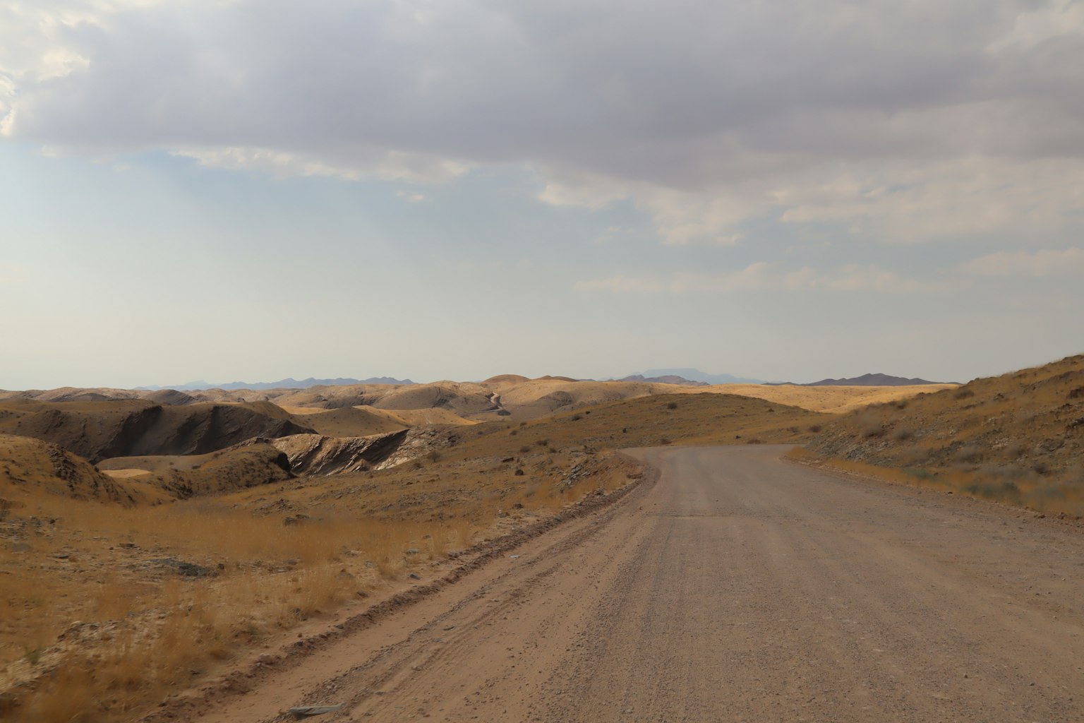Camino de grava que serpentea a través de una extensa pradera bajo un cielo azul