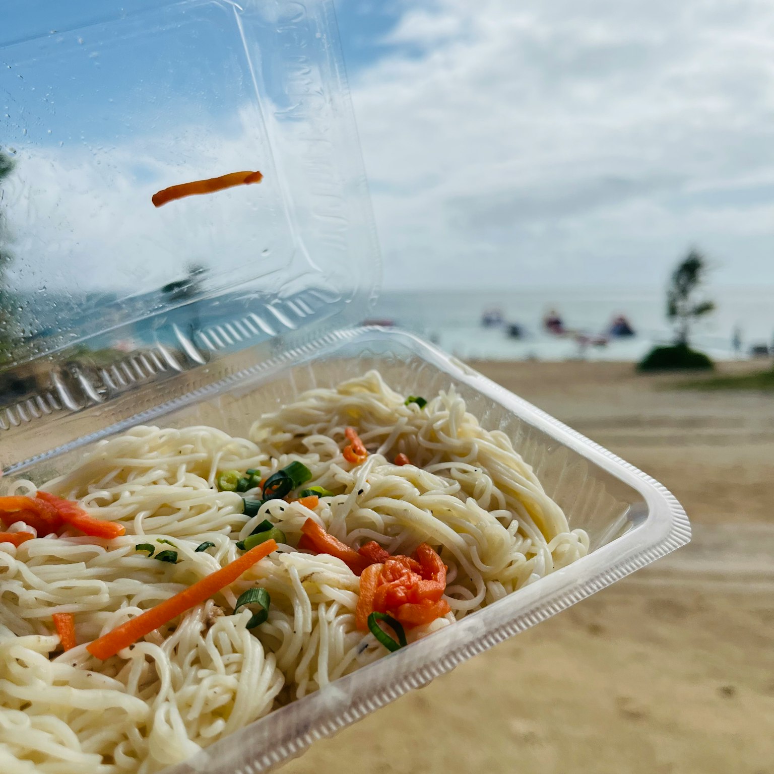 海灘背景的外帶麵條料理和蔬菜