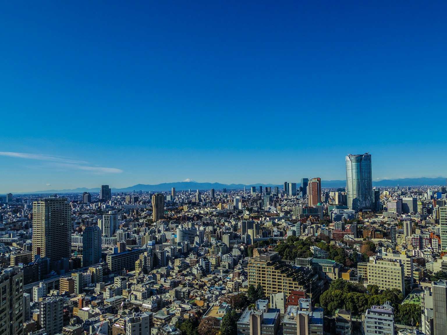 Vista panoramica dello skyline di Tokyo con grattacieli e cielo azzurro
