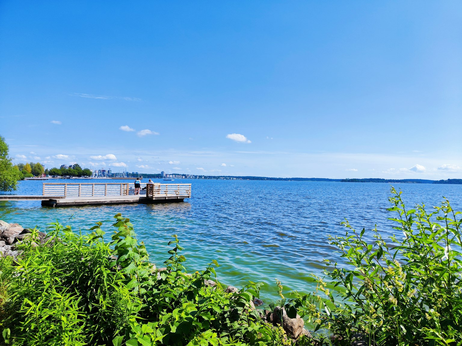 Vista escénica de un lago azul con un muelle de madera y vegetación exuberante