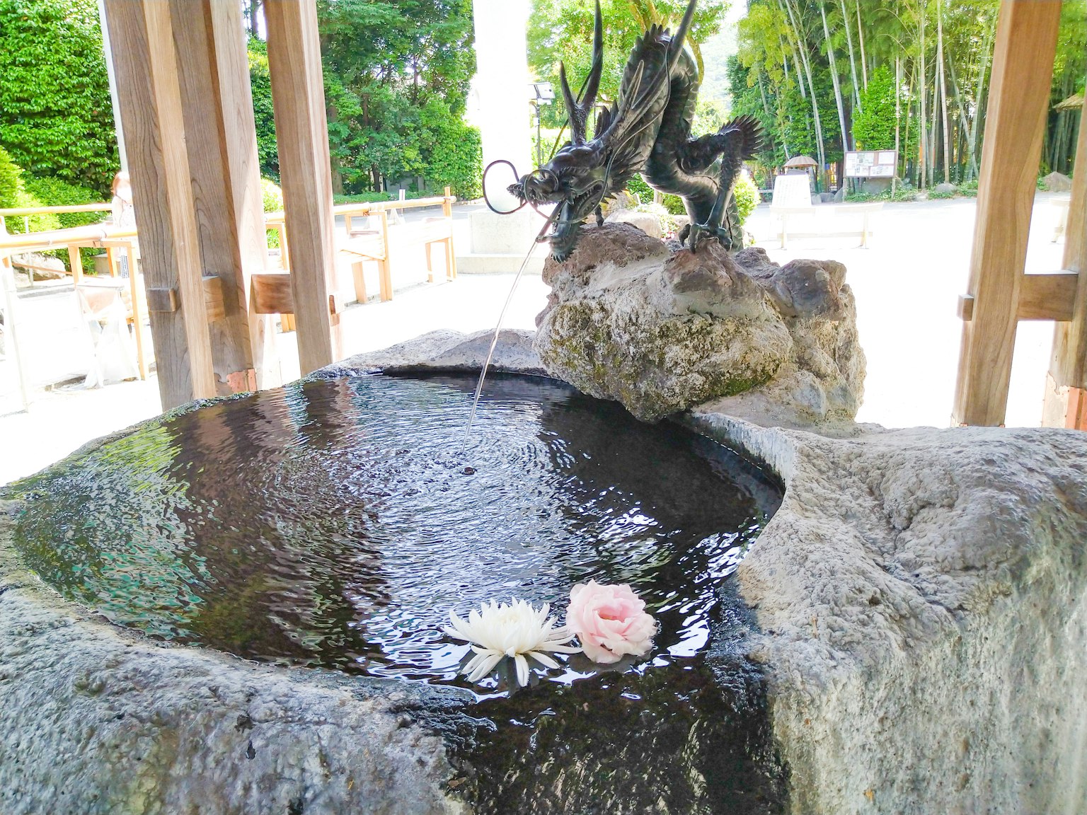 ทิวทัศน์ที่สวยงามพร้อมอ่างหินและดอกไม้ลอยอยู่ในน้ำ
