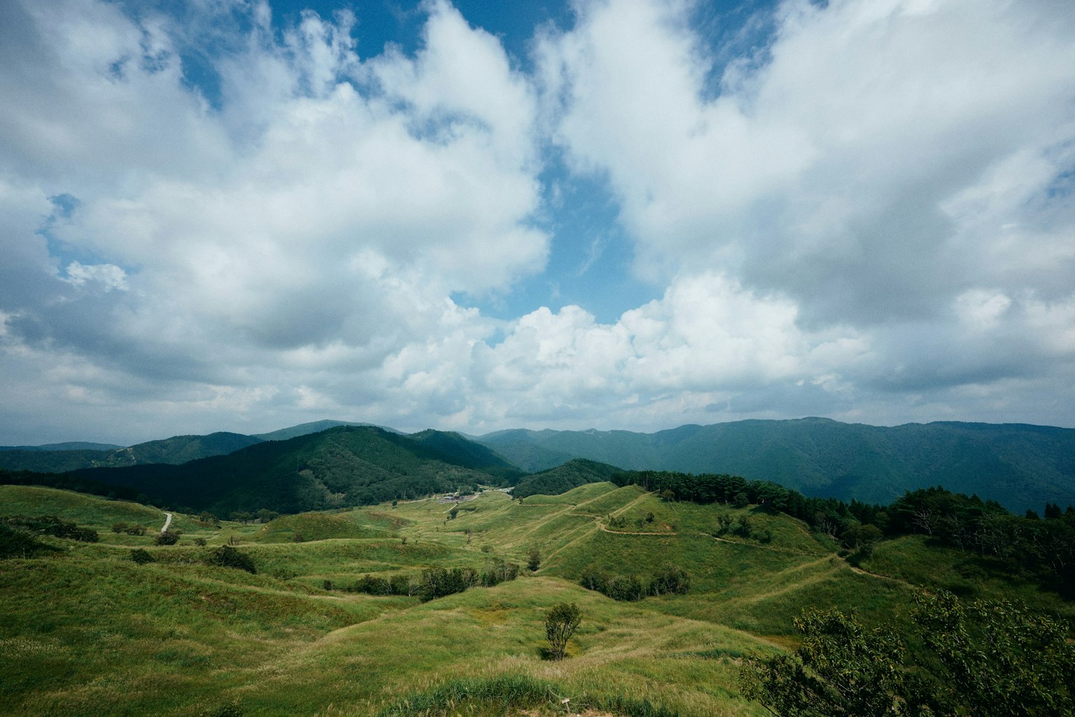 Bukit hijau subur di bawah langit biru dengan awan berbulu