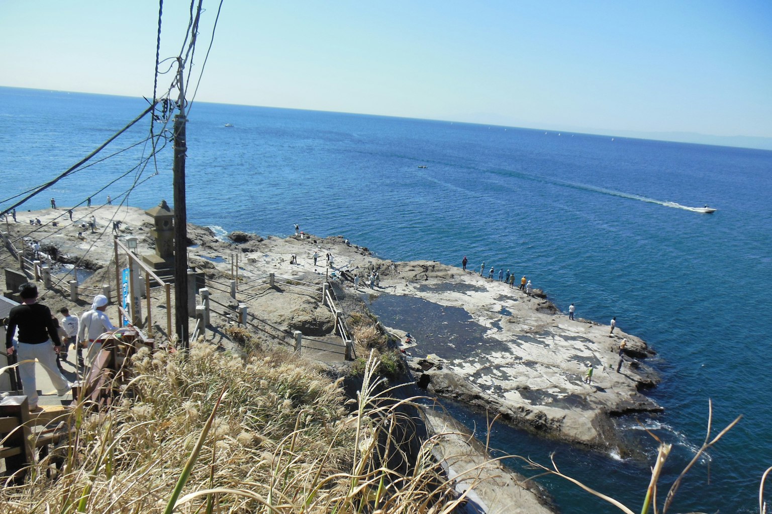 Vista dell'oceano e della costa rocciosa con persone e erba