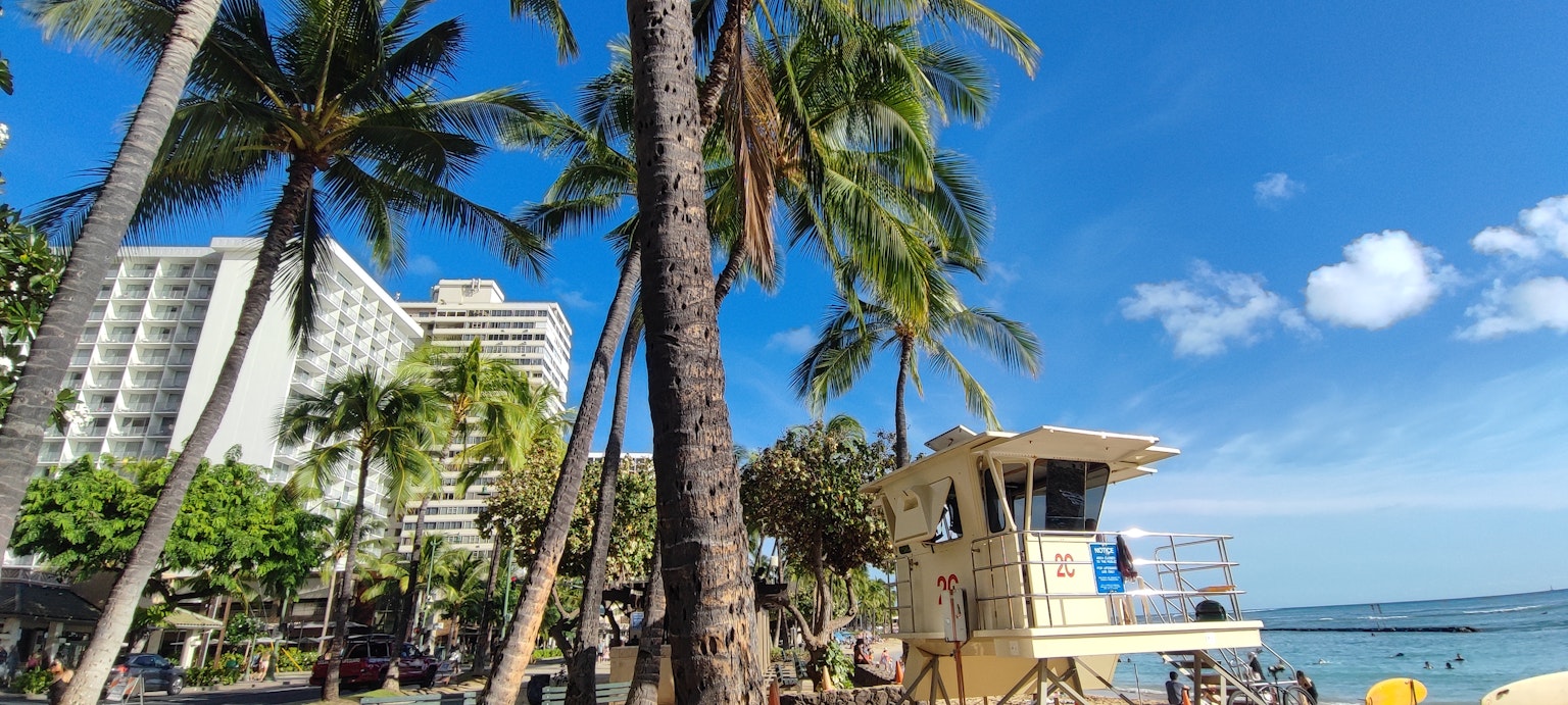海滩景观，蓝天和棕榈树，带有救生员塔和高层酒店