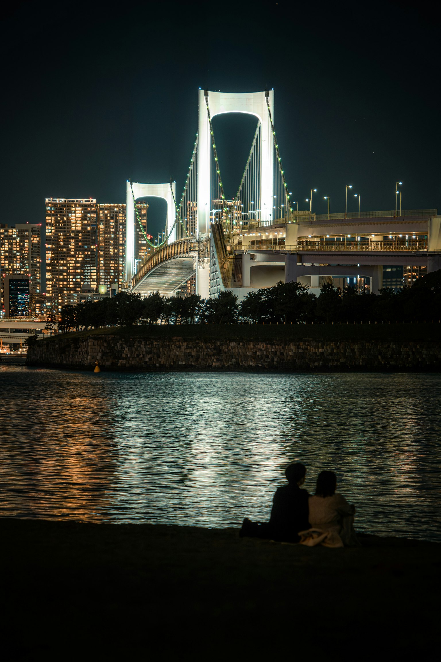 Silhouette d'un couple au bord de l'eau avec le pont Rainbow illuminé la nuit