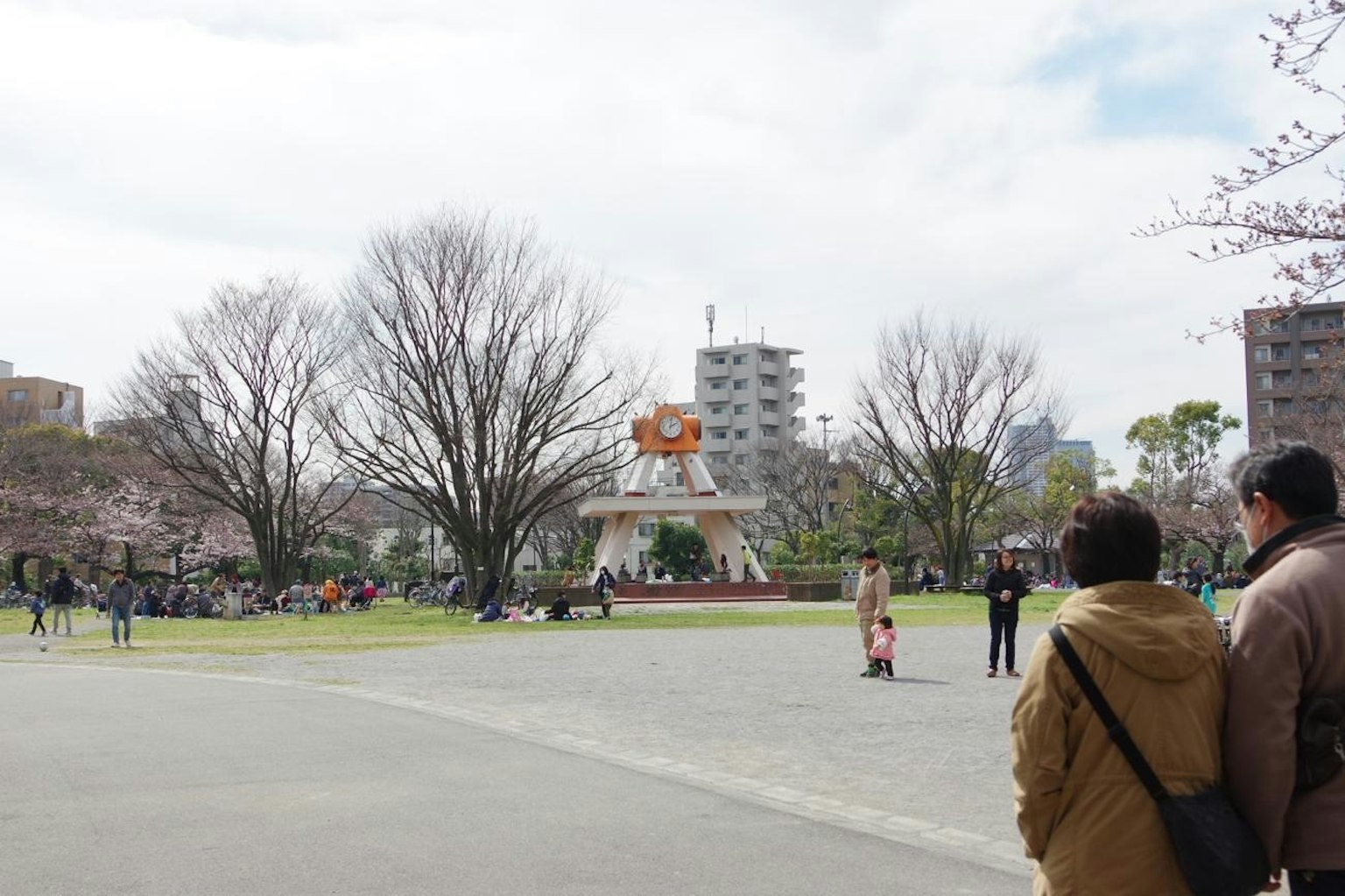 ทิวทัศน์สวนสาธารณะมีต้นซากุระและผู้คนรวมตัวกัน