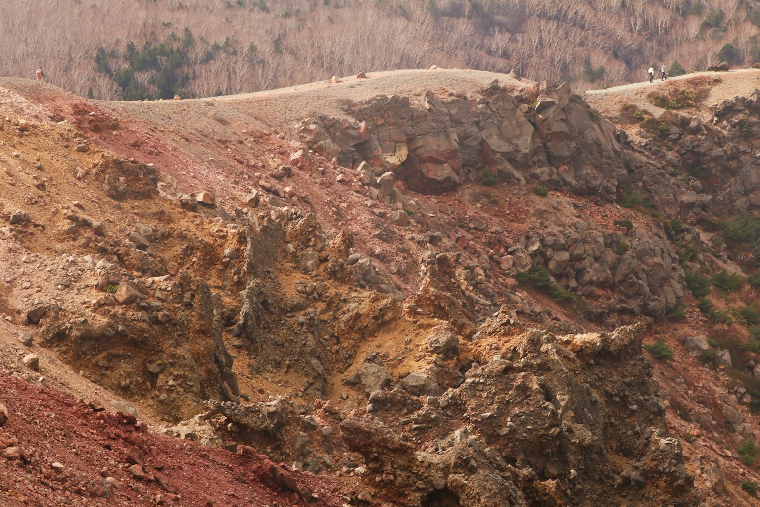 Mountain landscape with reddish-brown rocks and green trees